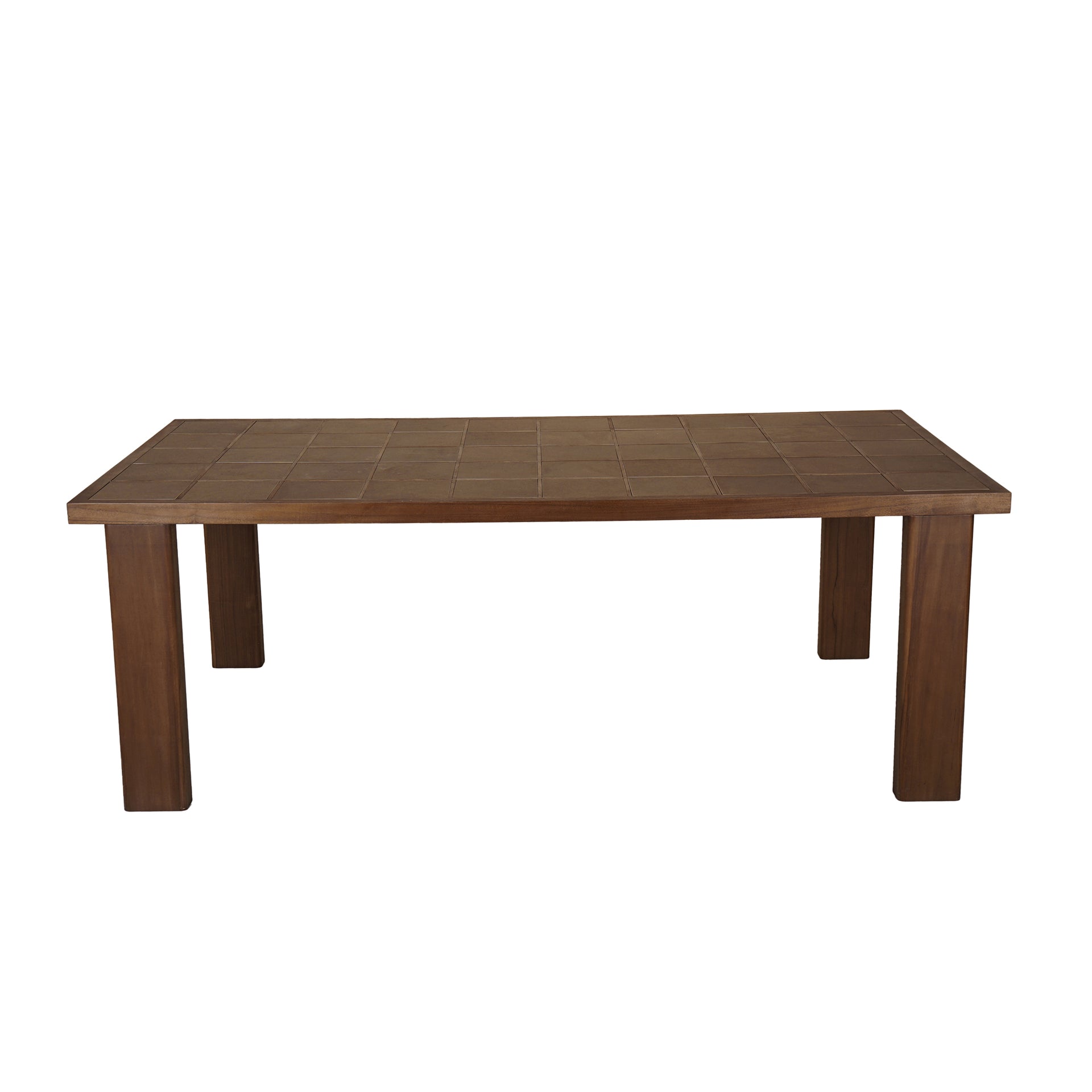 Emeren Outdoor Dining Table, Rectangular Ceramic Tile Inlay, Solid Teak Frame, Seating for Eight, Brown