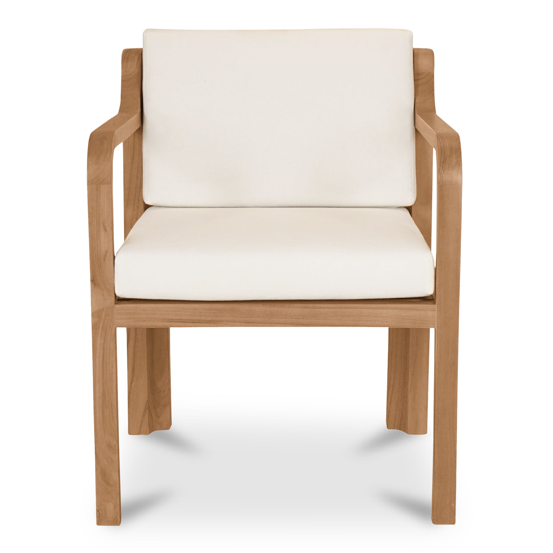 Evelith Outdoor Dining Chair, Solid Teak Frame, Curved Back and Sloped Arms, White Olefin Upholstery