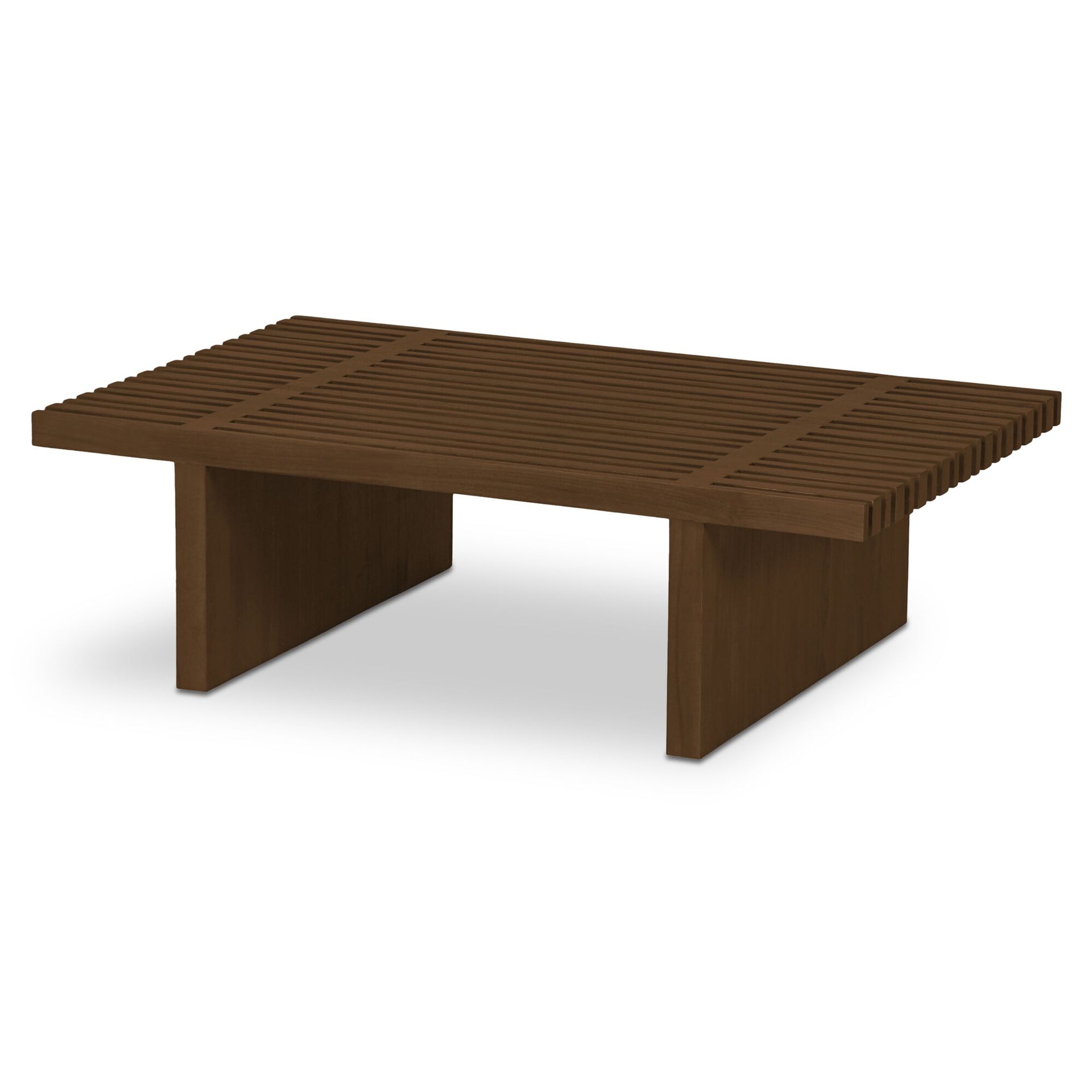 Calira Outdoor Coffee Table, Rectangular Slatted Solid Teak, Dark Toasted Brown Finish, Brown
