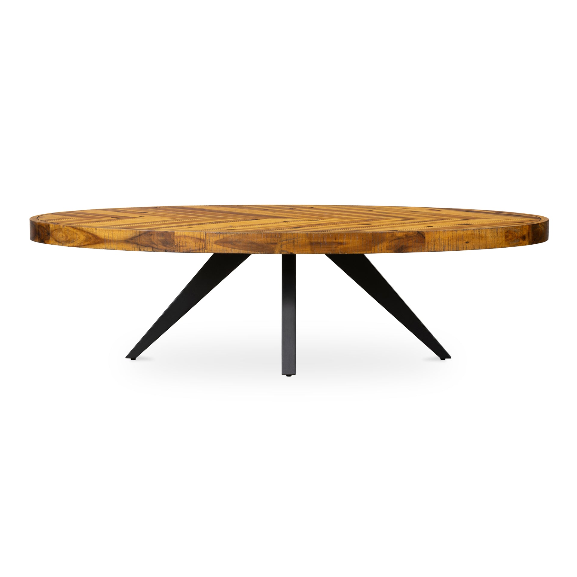 Arlo Oval Coffee Table, Solid Acacia Wood with Herringbone Pattern, Modern Rustic Chic, Cappuccino Finish