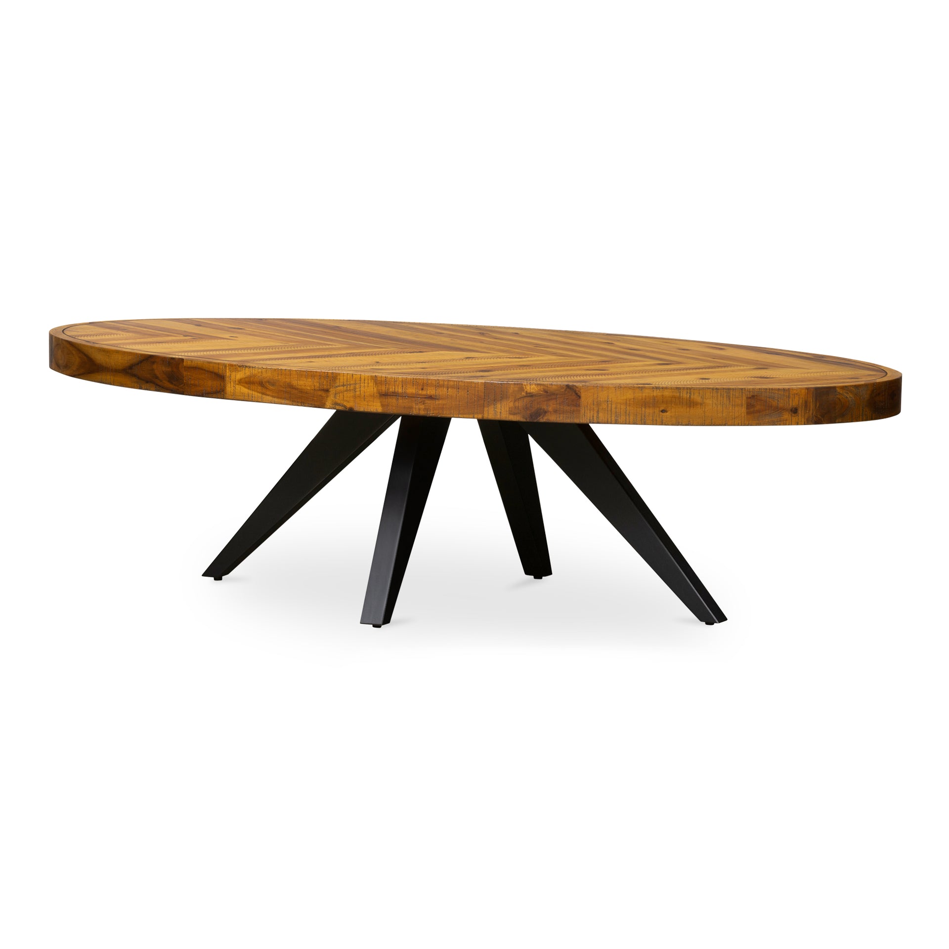 Arlo Oval Coffee Table, Solid Acacia Wood with Herringbone Pattern, Modern Rustic Chic, Cappuccino Finish