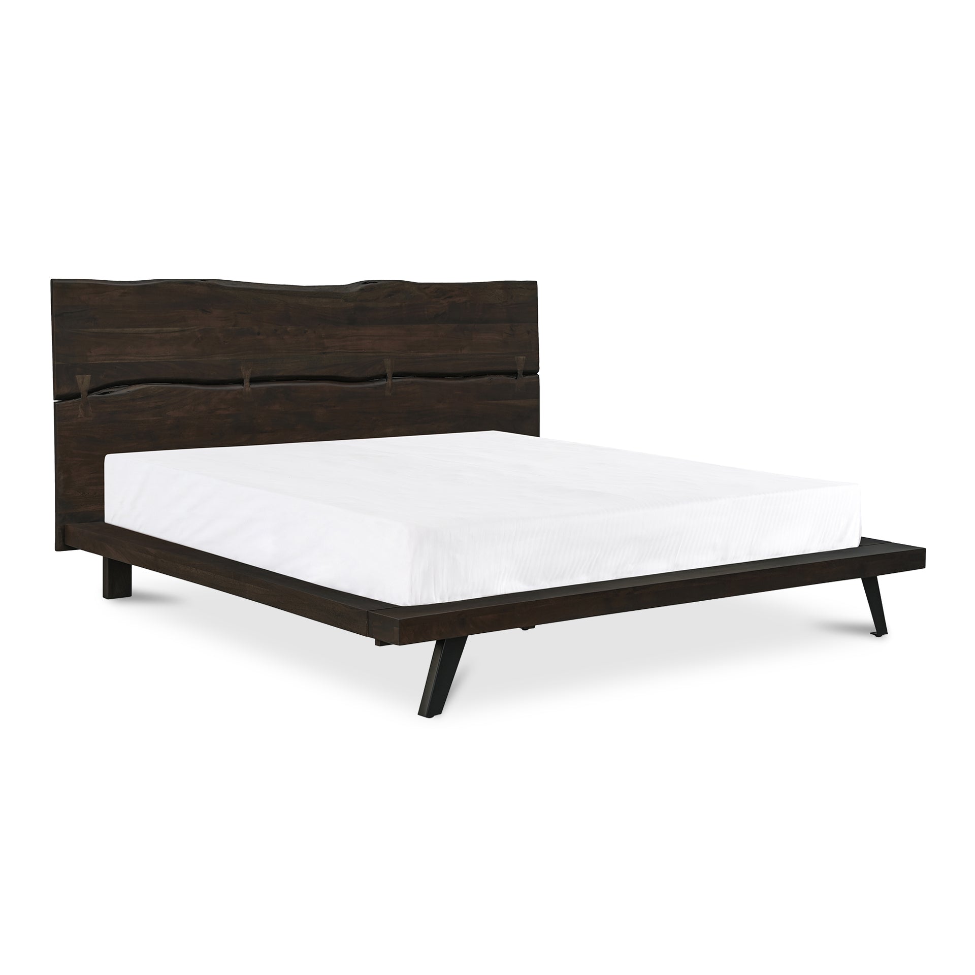 Sterling Queen Bed, Organic-Edge Acacia Headboard, Powder-Coated Steel Legs, Dark Brown