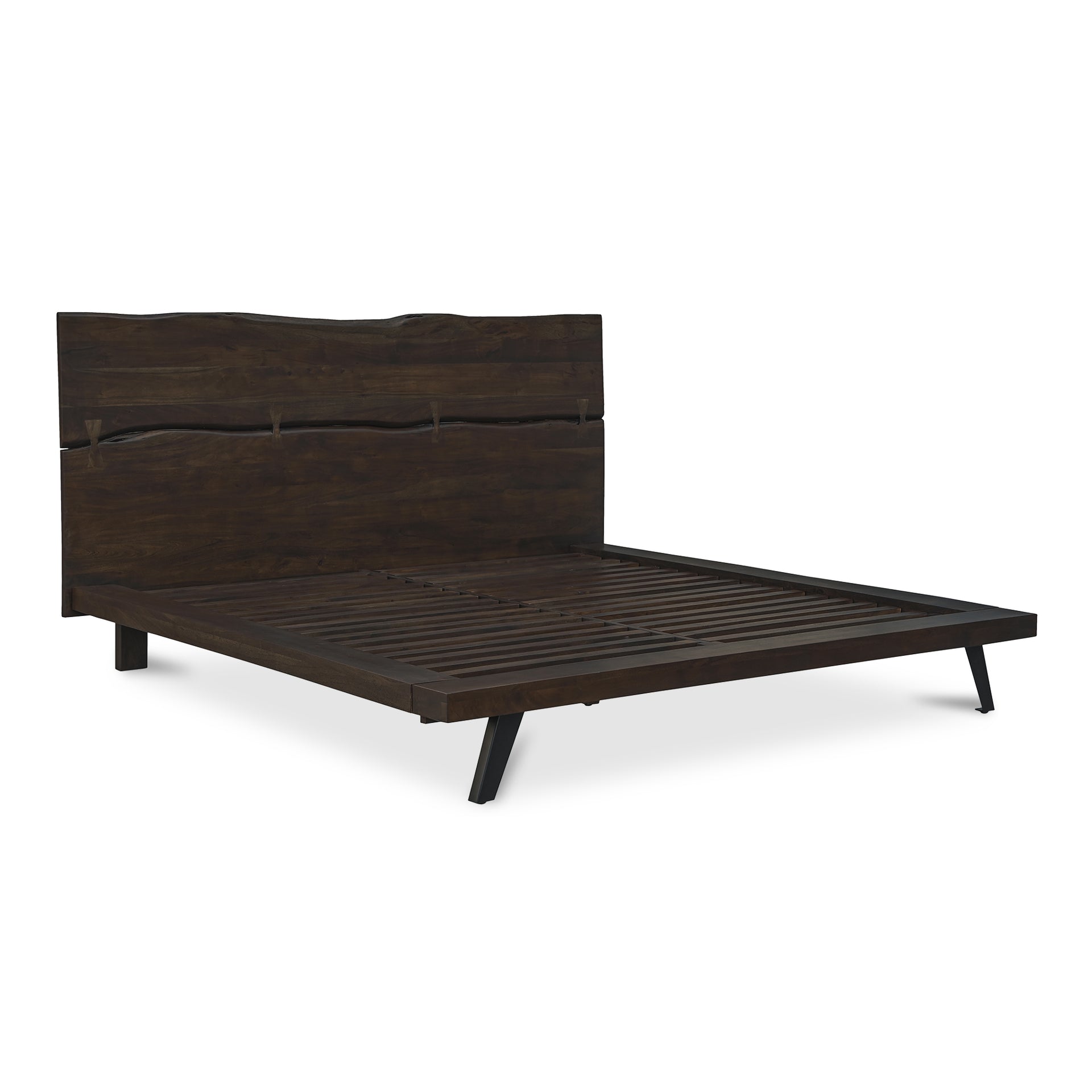 Sterling King Bed, Organic-Edge Acacia Headboard, Powder-Coated Steel Legs, Dark Brown