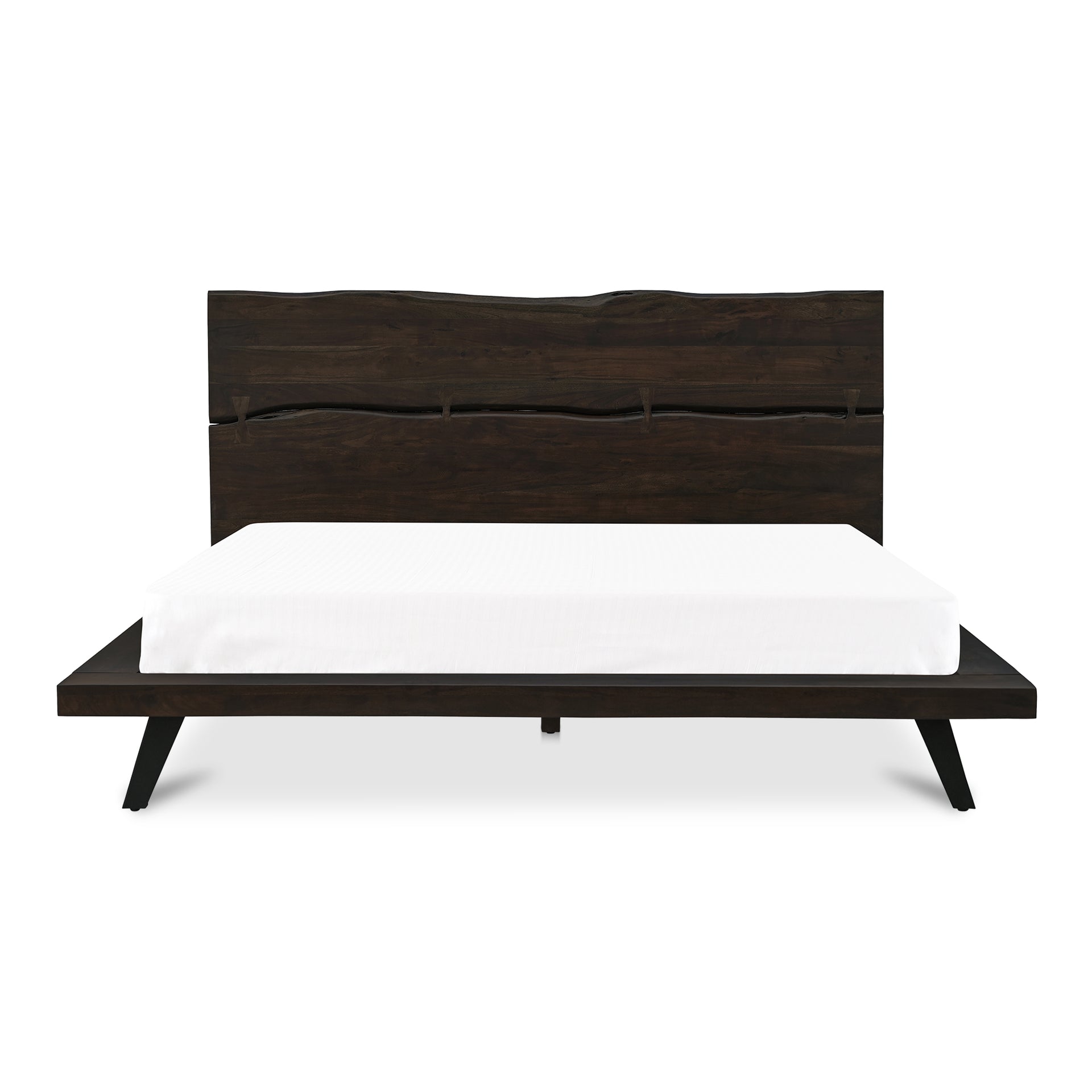 Sterling King Bed, Organic-Edge Acacia Headboard, Powder-Coated Steel Legs, Dark Brown