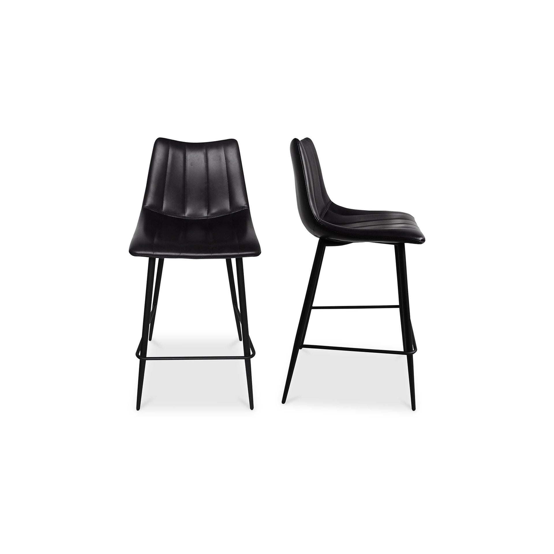Florian Counter Stool, Faux Leather Upholstery, Ergonomic Curved Seat, Black Metal Legs, Black
