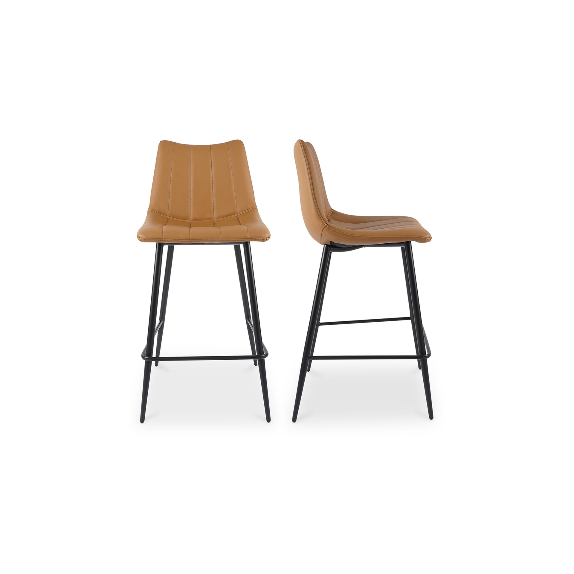 Florian Counter Stool, Vegan Leather Upholstery, High-Density Foam Seat, Black Steel Legs, Tan - Set of 2