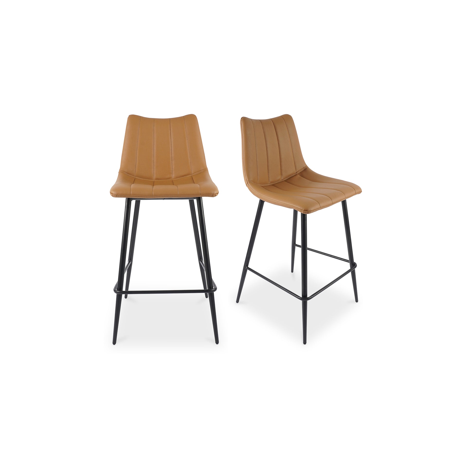 Florian Counter Stool, Vegan Leather Upholstery, High-Density Foam Seat, Black Steel Legs, Tan - Set of 2