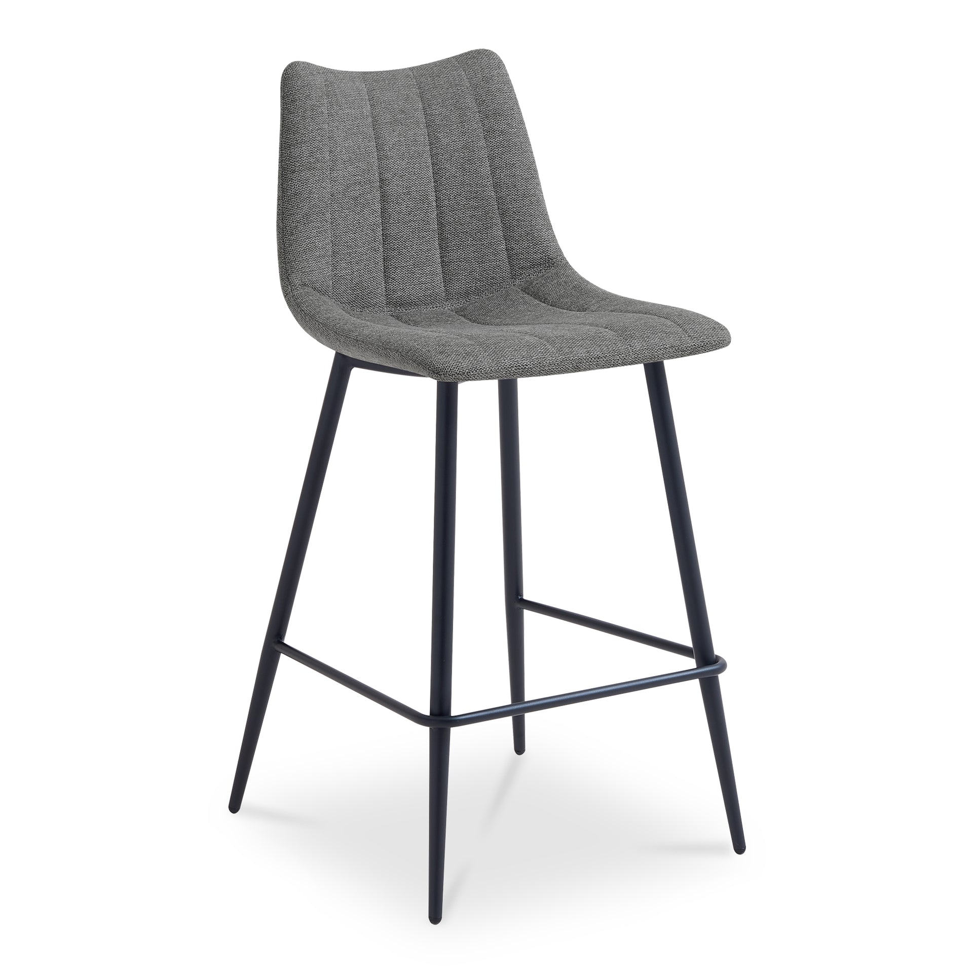 Florian Counter Stool, Curved Seat Performance Fabric, Tapered Iron Legs, Dark Grey