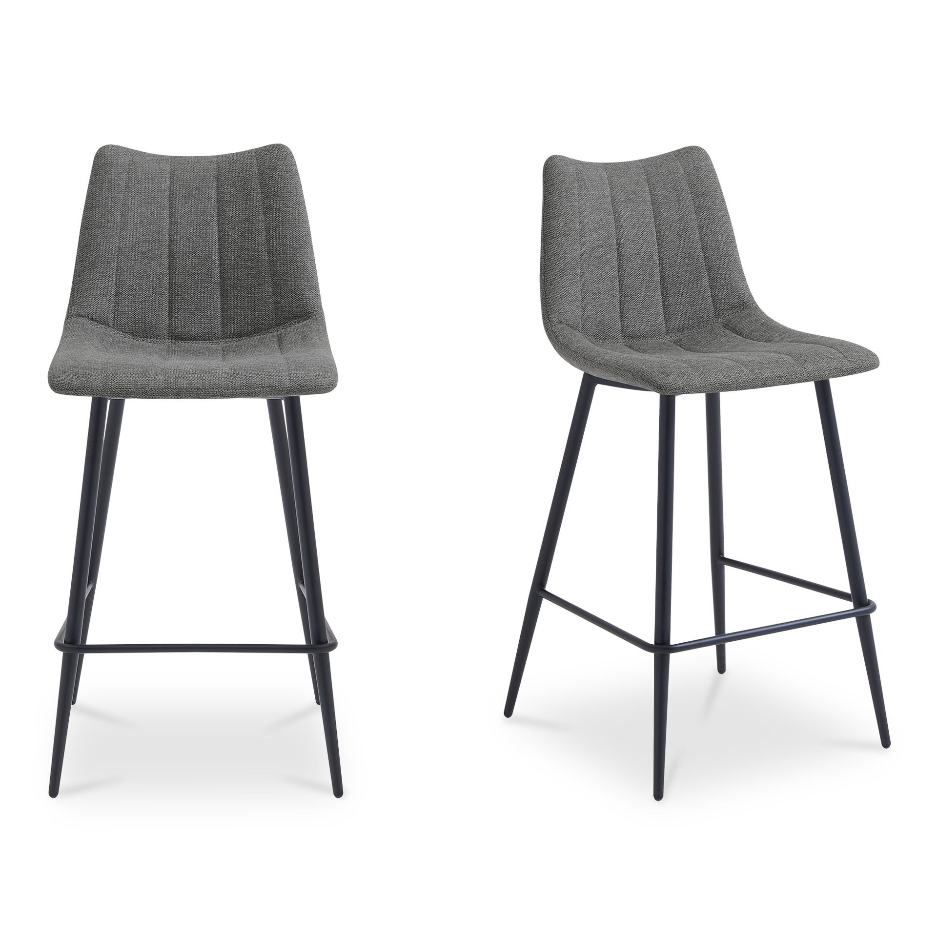 Florian Counter Stool, Curved Seat Performance Fabric, Tapered Iron Legs, Dark Grey