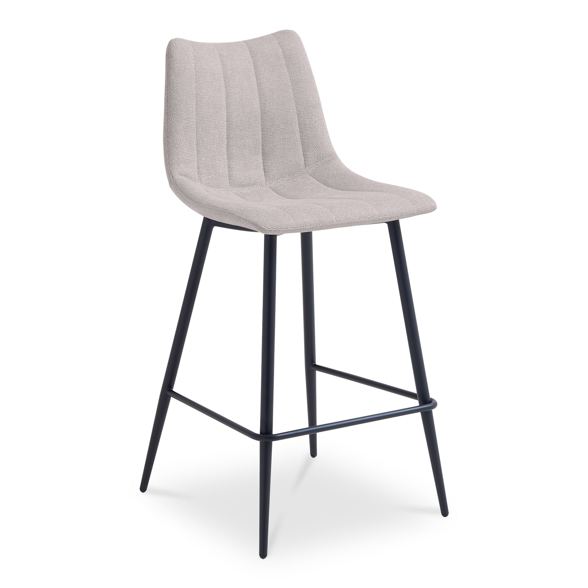 Florian Counter Stool, Curved Seat Performance Fabric, Tapered Iron Legs, Beige
