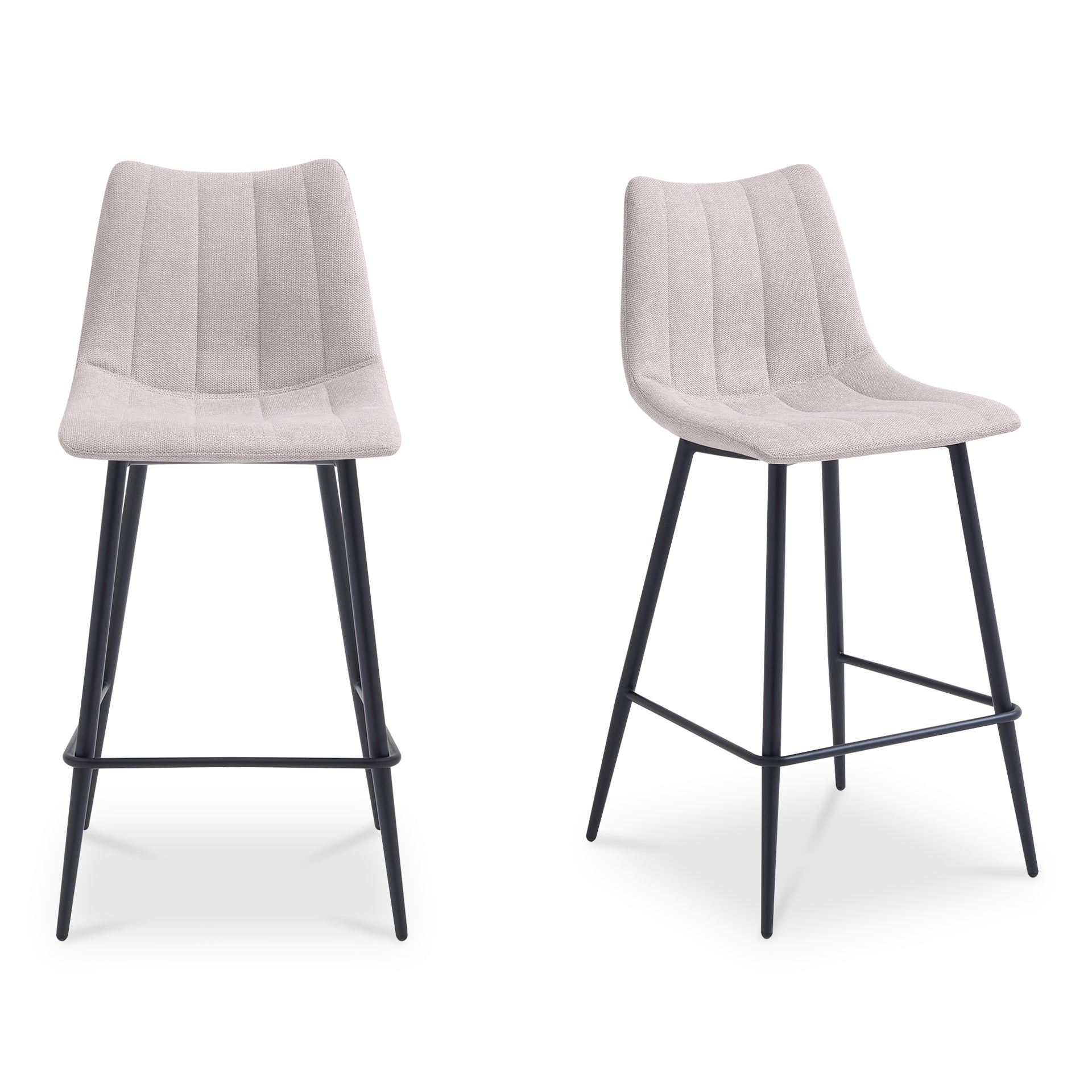 Florian Counter Stool, Curved Seat Performance Fabric, Tapered Iron Legs, Beige
