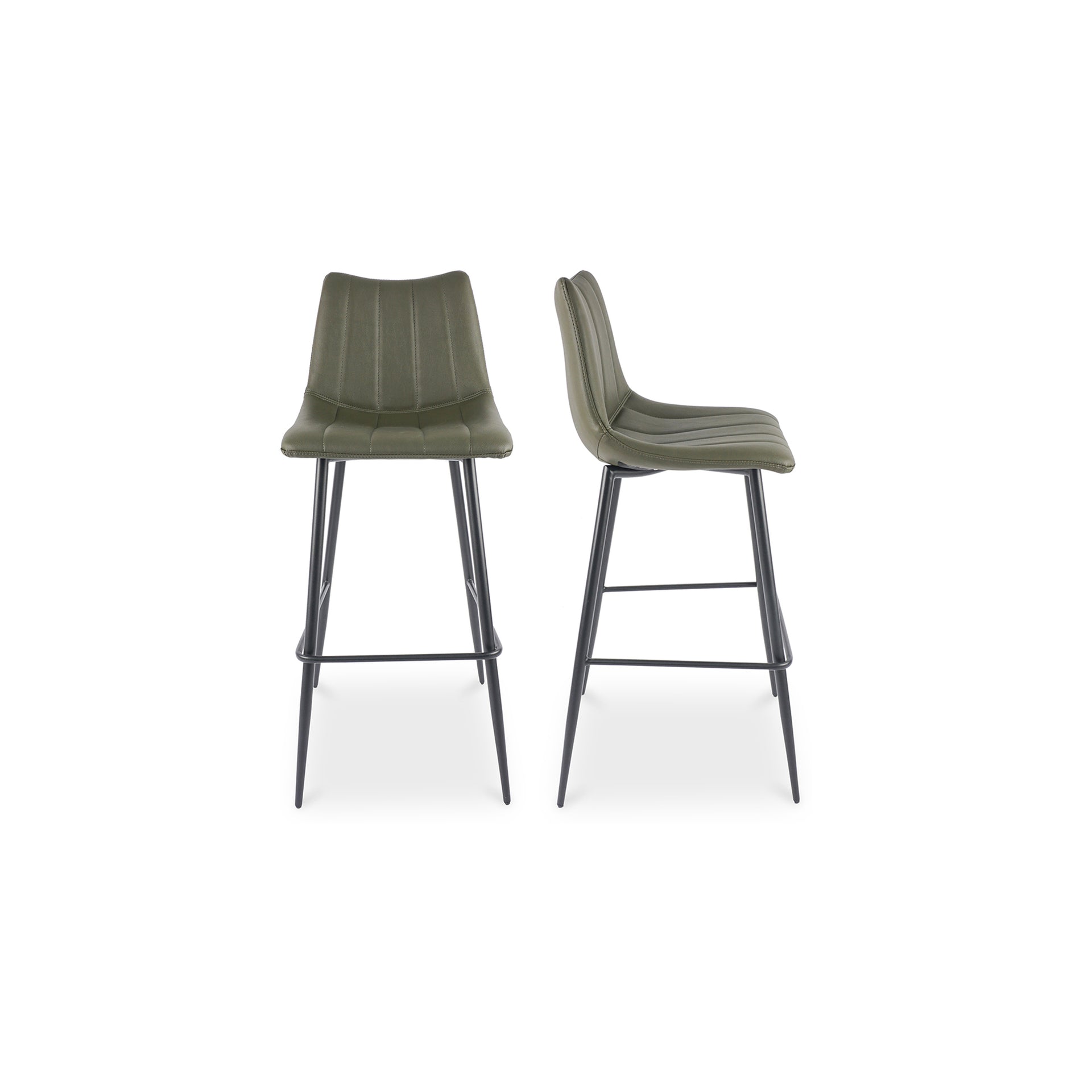 Florian Bar Stool, Vegan Leather Upholstery, High-Density Foam Cushioning with Black Steel Legs and Footrest, Dark Green - Set of 2