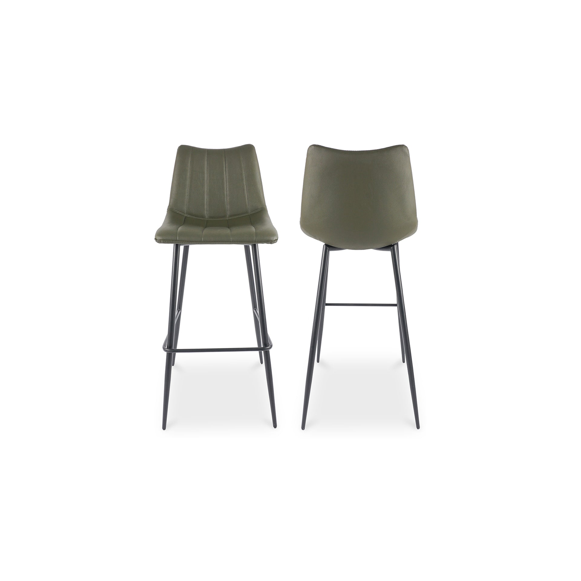 Florian Bar Stool, Vegan Leather Upholstery, High-Density Foam Cushioning with Black Steel Legs and Footrest, Dark Green - Set of 2