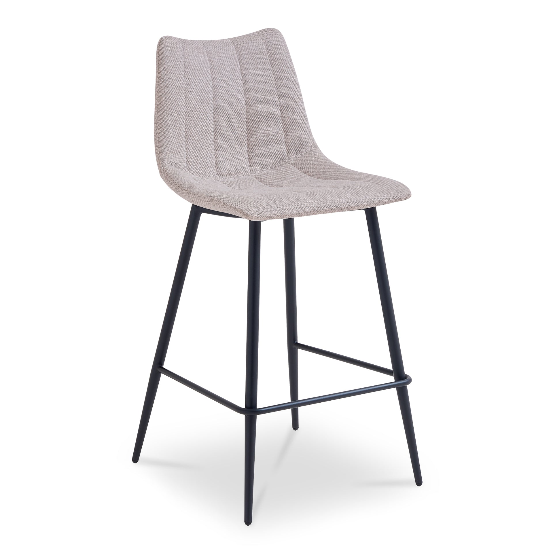 Florian Bar Stool, Vertical Stitch Seat Performance Fabric, Black Steel Legs, Beige