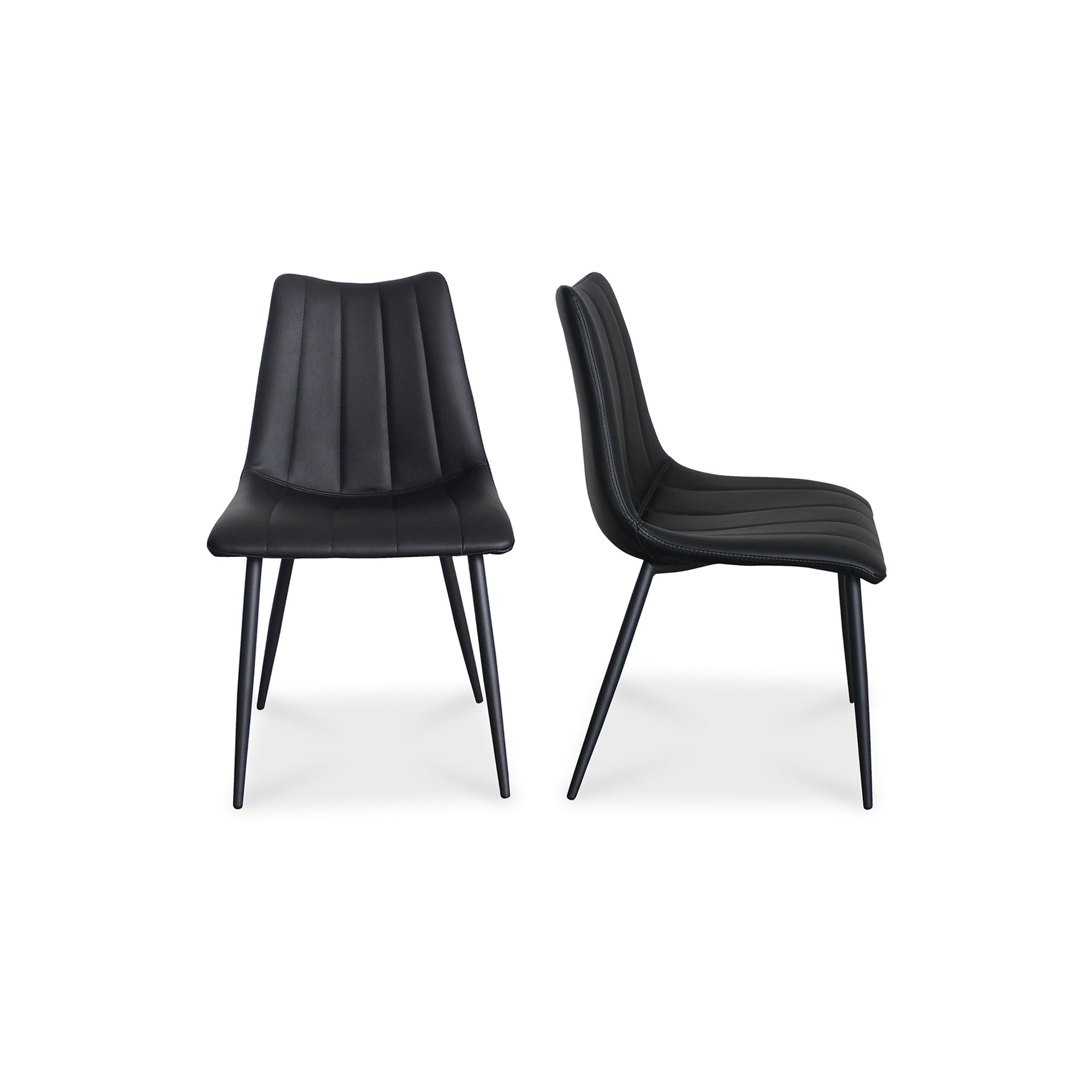 Florian Dining Chair, Vegan Leather Upholstery, Vertical Accent Stitching with Tapered Metal Legs, Black - Set of 2