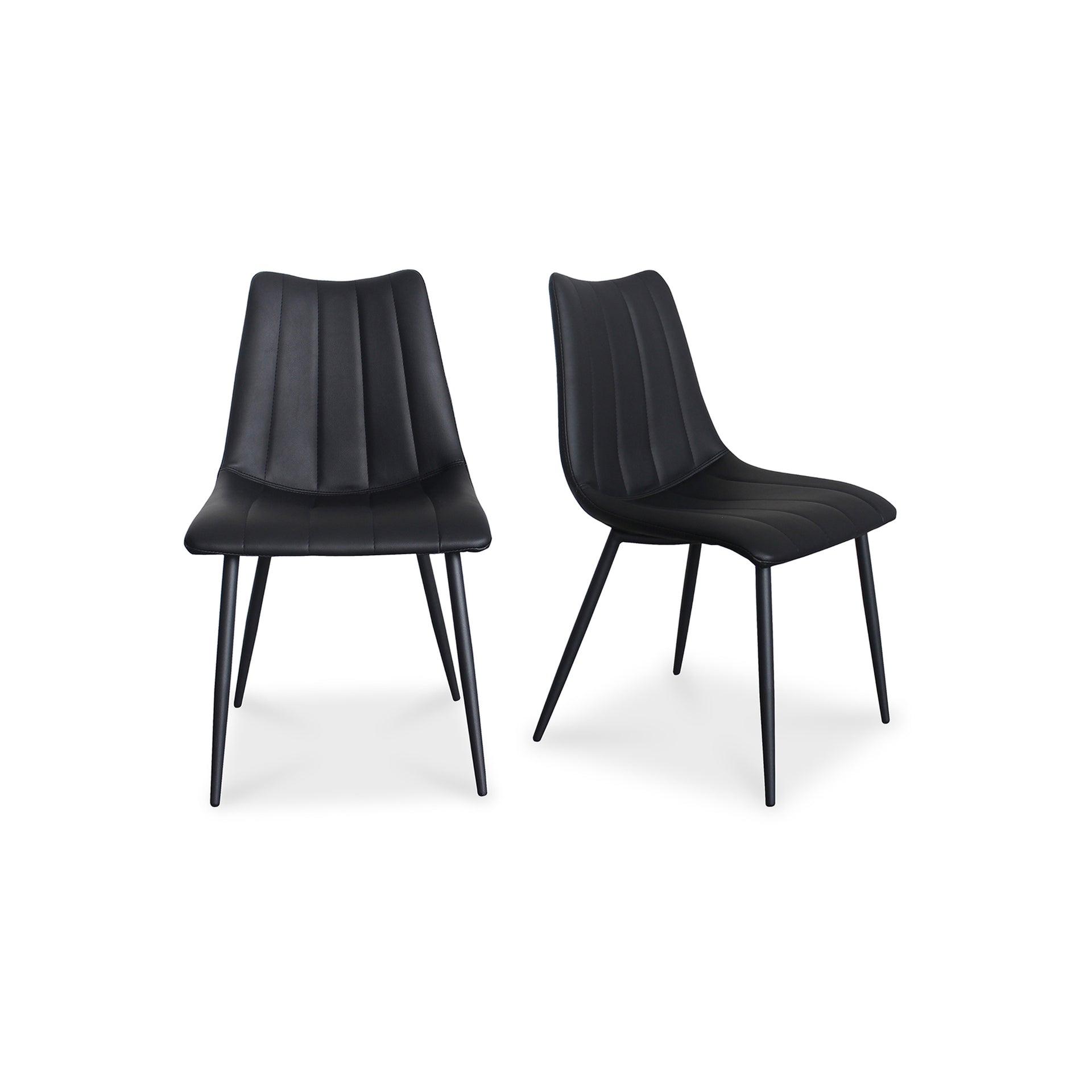 Florian Dining Chair, Vegan Leather Upholstery, Vertical Accent Stitching with Tapered Metal Legs, Black - Set of 2