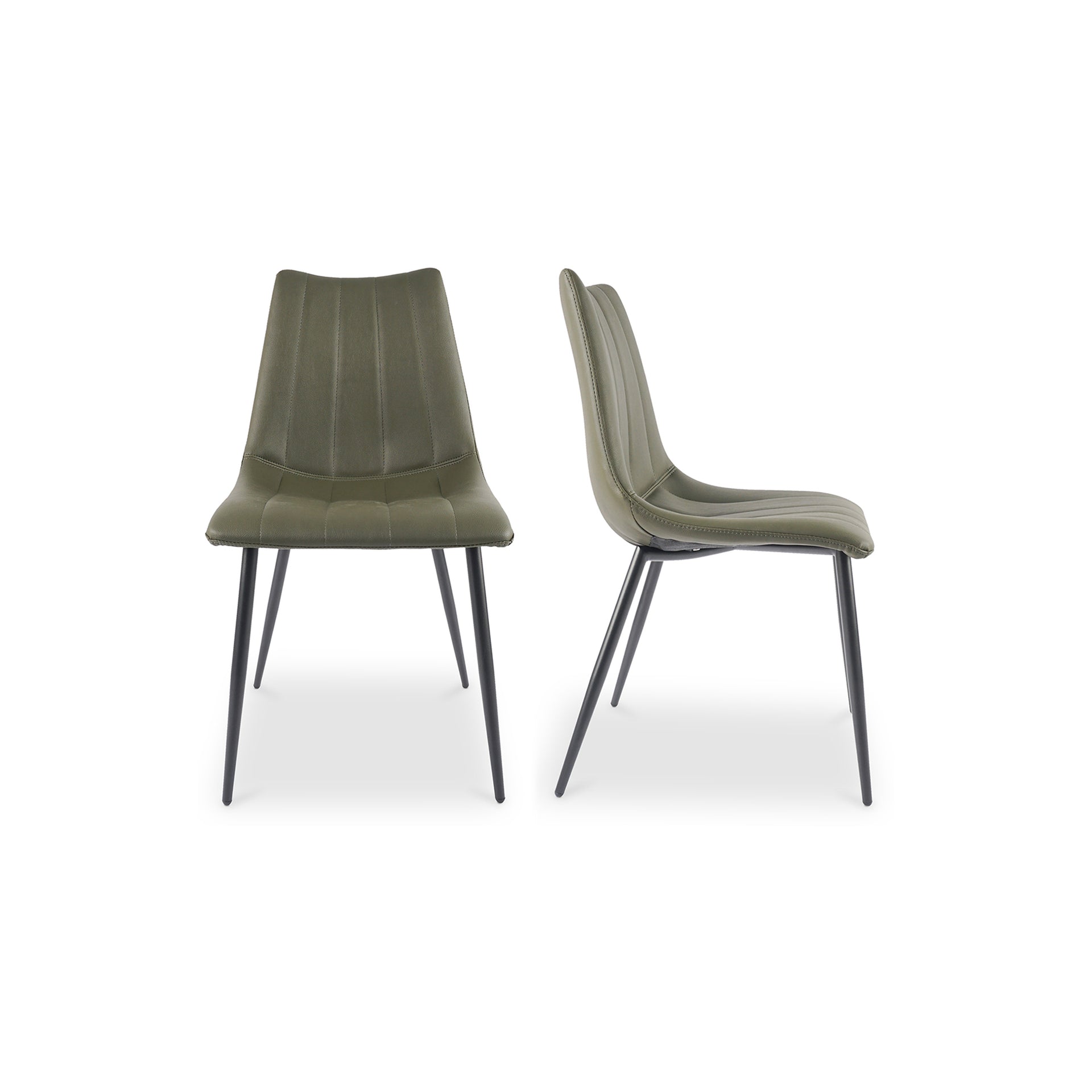 Florian Dining Chair, Vegan Leather Upholstery, Accent Stitching, Tapered Metal Legs, Dark Green - Set of 2