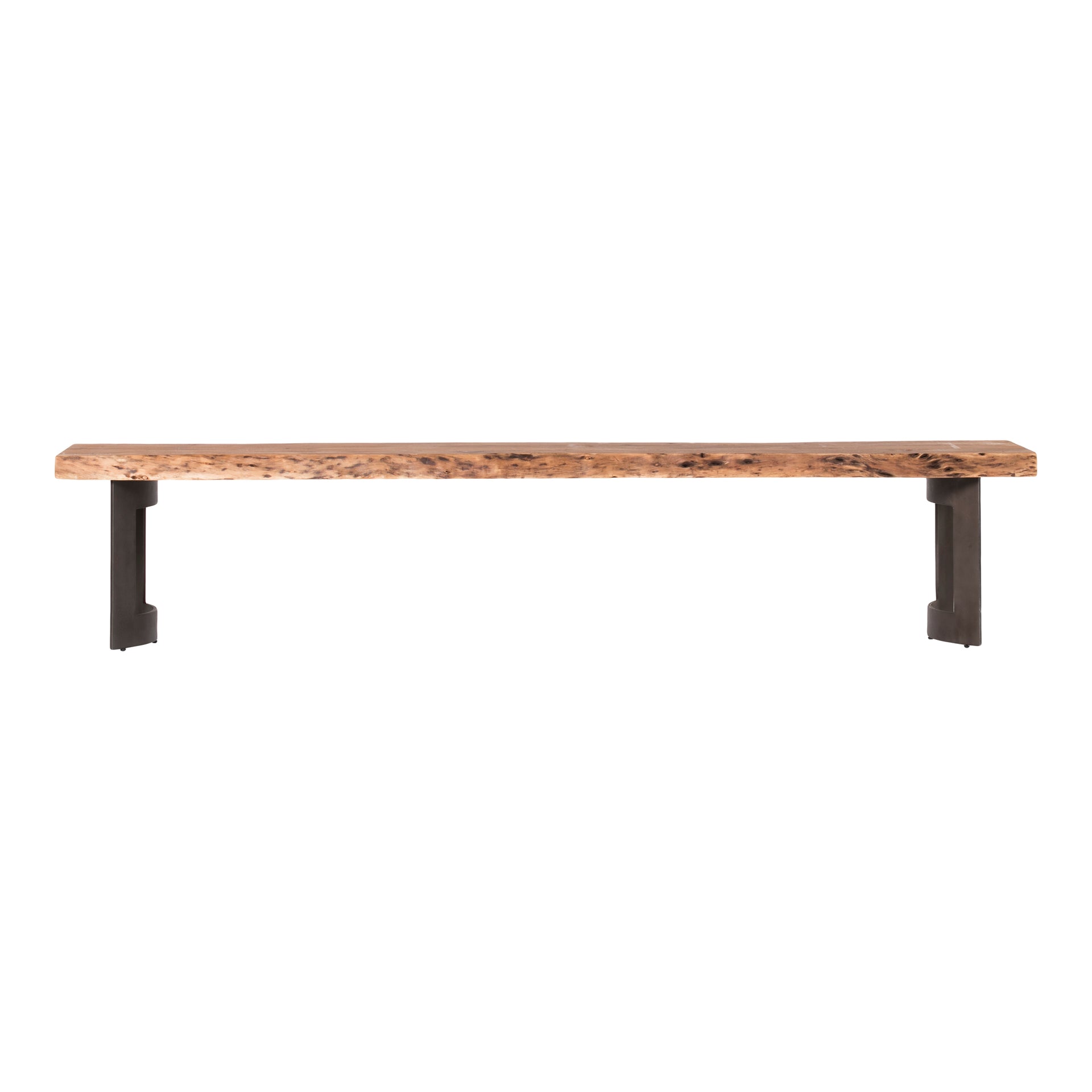 Ellis Dining Bench, Solid Acacia Wood, Live Edge, Iron Base, Seats 5, Natural Stain
