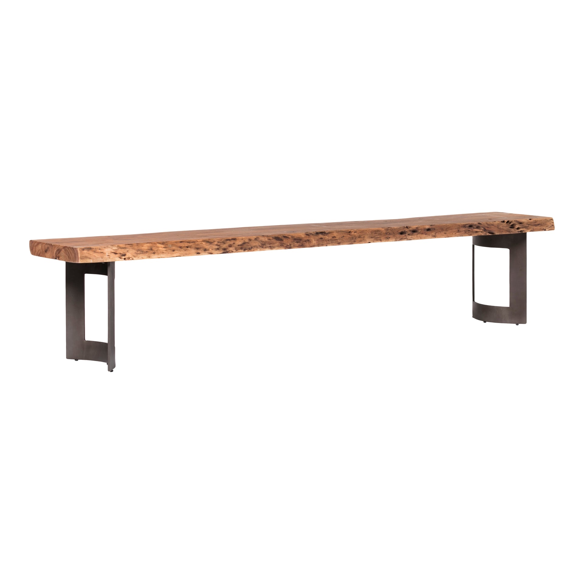 Ellis Dining Bench, Solid Acacia Wood, Live Edge, Iron Base, Seats 5, Natural Stain