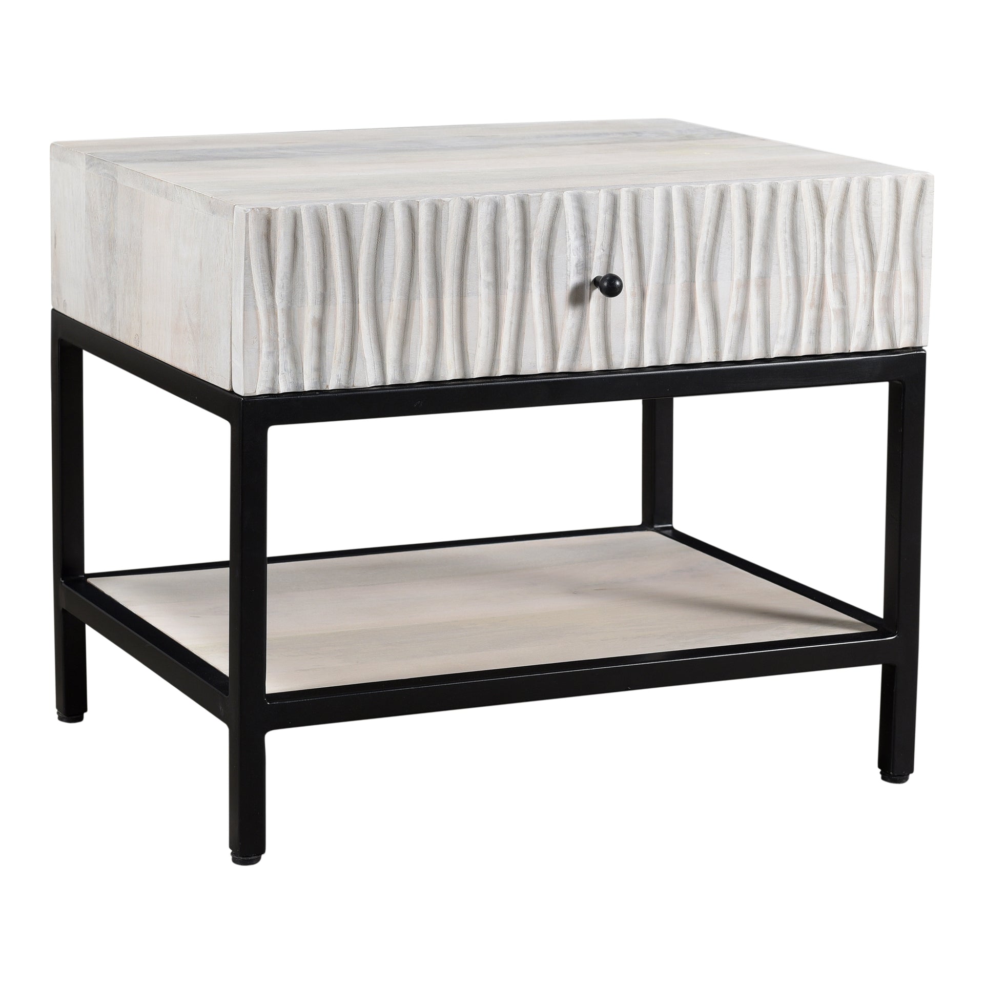 Elodie Nightstand, Solid Mango Wood, Iron Base, Contemporary Design, White