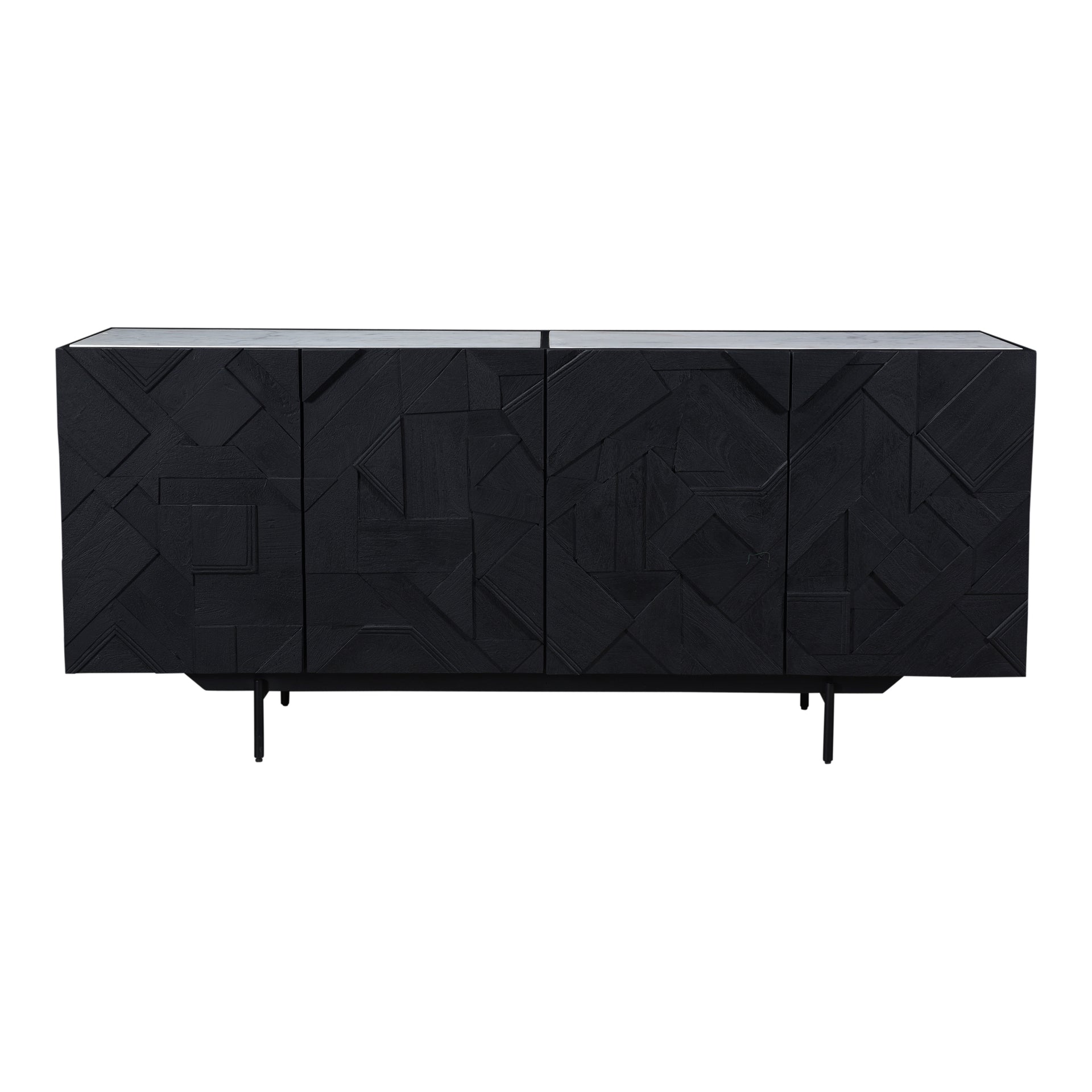 Torin Sideboard, Contemporary Design, Black Mango Wood Cabinetry, White Marble Top