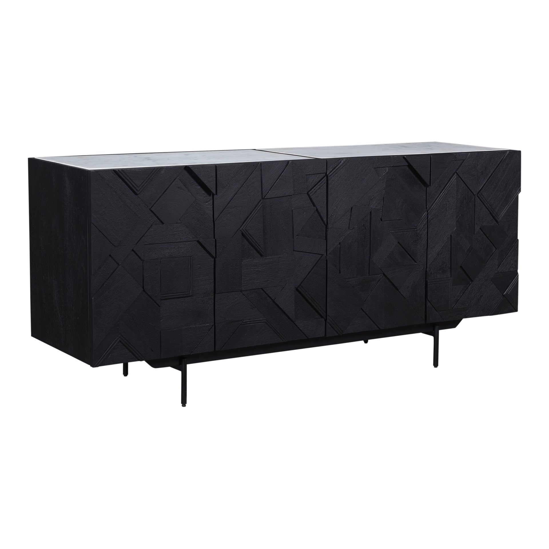 Torin Sideboard, Contemporary Design, Black Mango Wood Cabinetry, White Marble Top