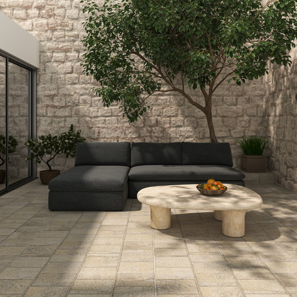 Jarek Outdoor Coffee Table, Faux Travertine Concrete Finish, Water Transfer Design, Beige