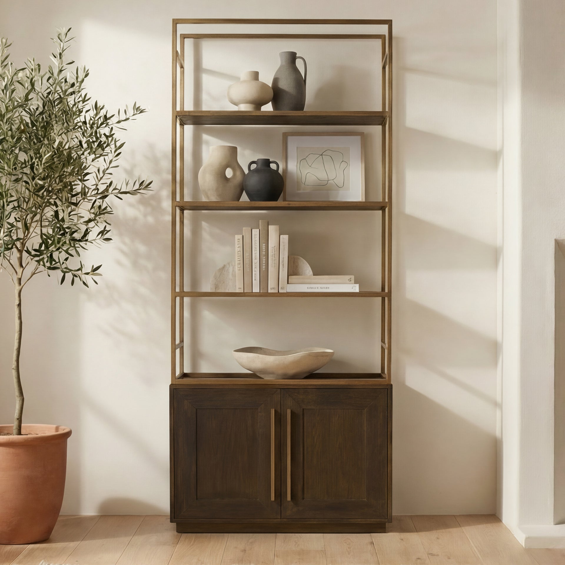 Plitz, Bookshelf Solid Wood with Iron Frame in Brown