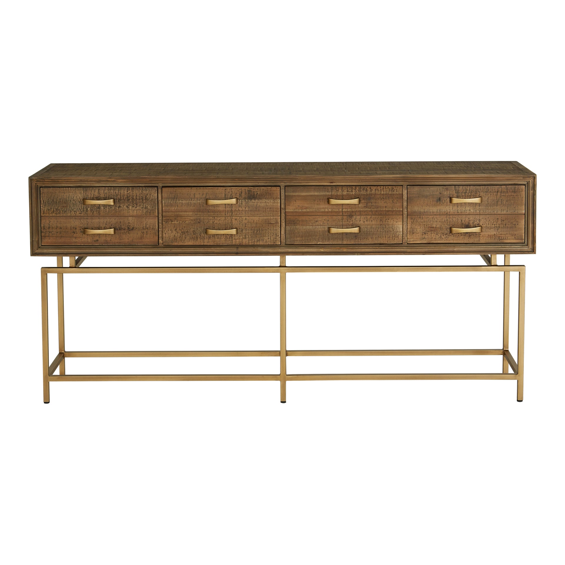 Annie, Console Table, Reclaimed Fir Wood, Metal Frame, Brass Finish, Natural Stain