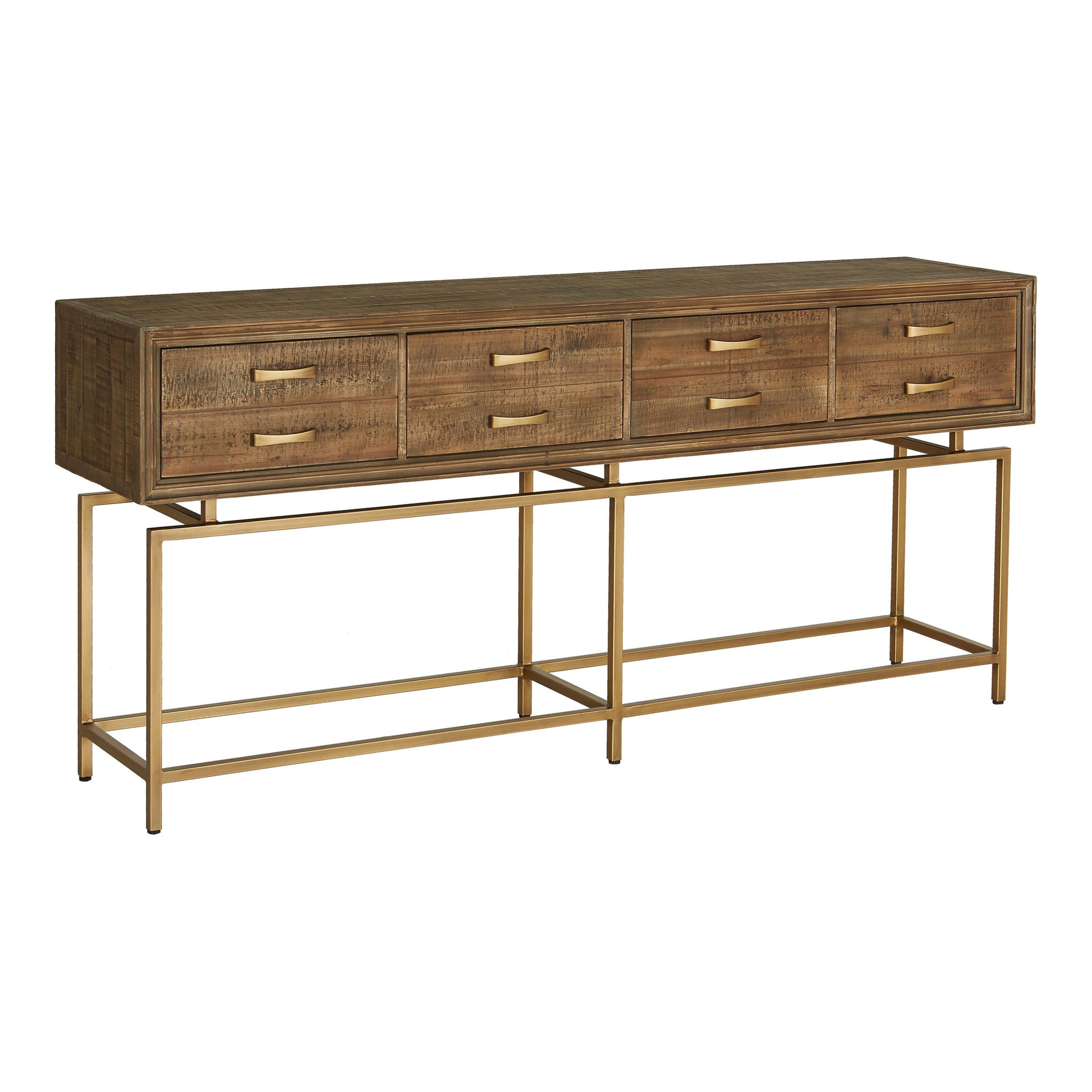 Annie, Console Table, Reclaimed Fir Wood, Metal Frame, Brass Finish, Natural Stain