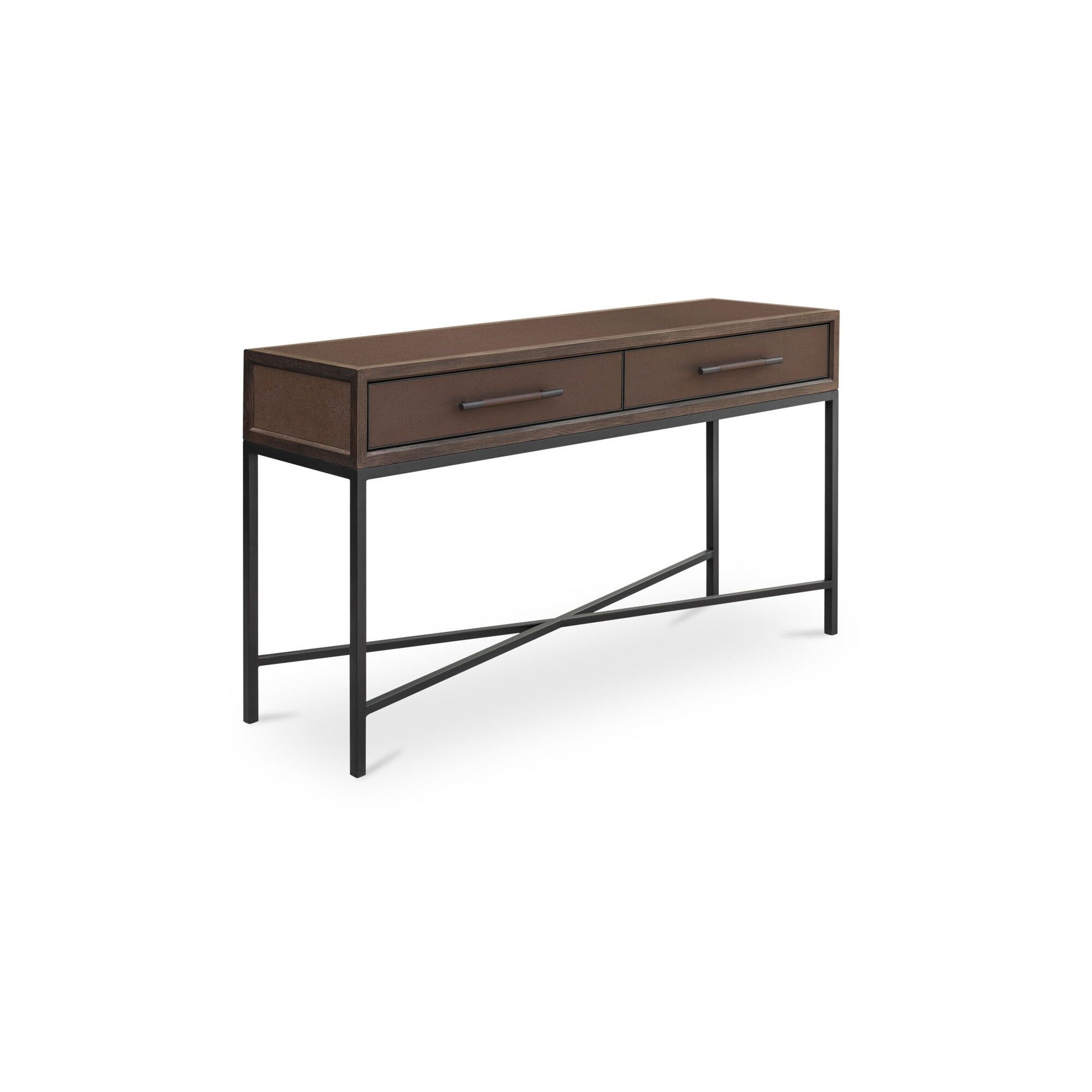 Vaughn Console Table, Rectangular, Solid Oak Frame, Faux Leather, Brass Legs, Two Drawers, Brown