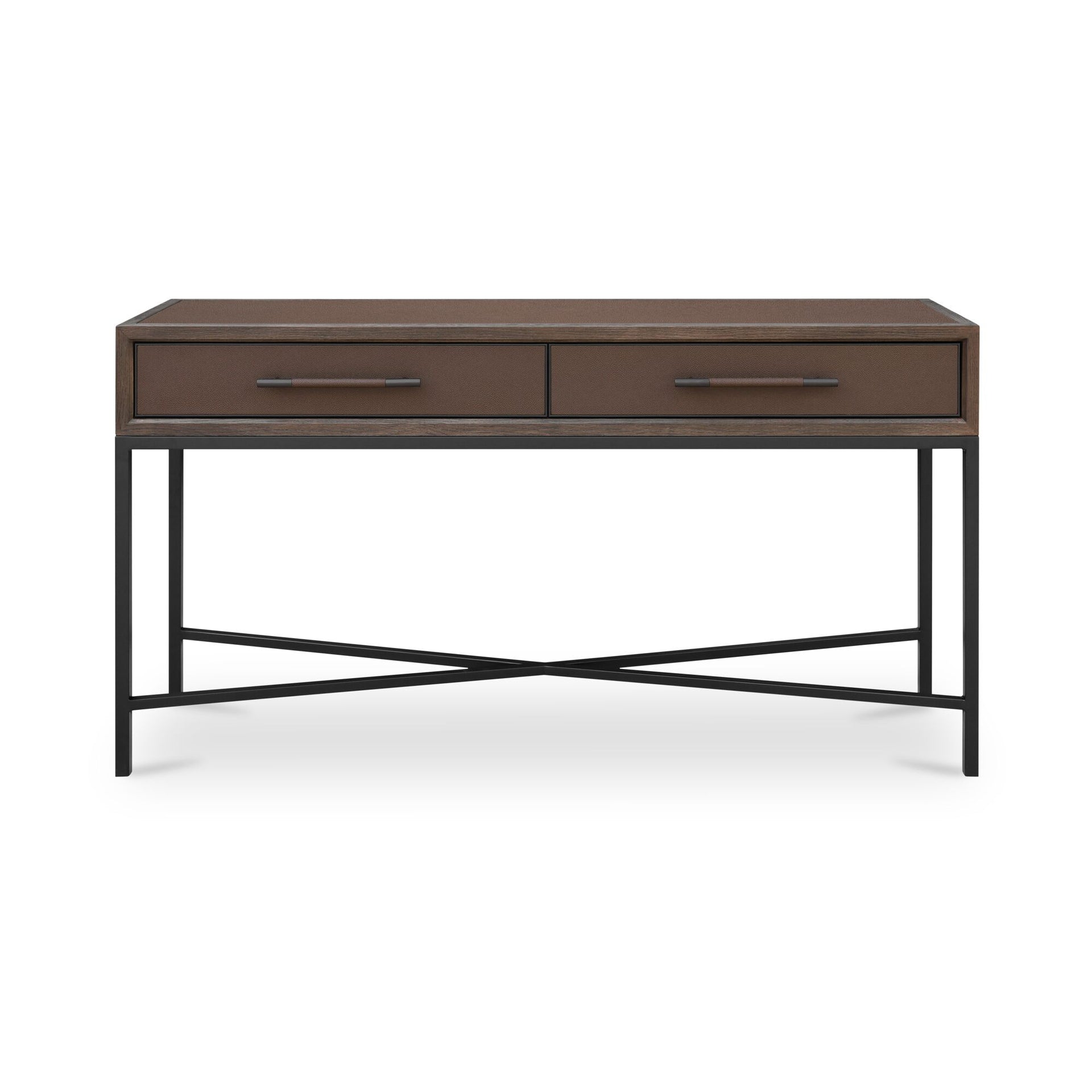 Vaughn Console Table, Rectangular, Solid Oak Frame, Faux Leather, Brass Legs, Two Drawers, Brown