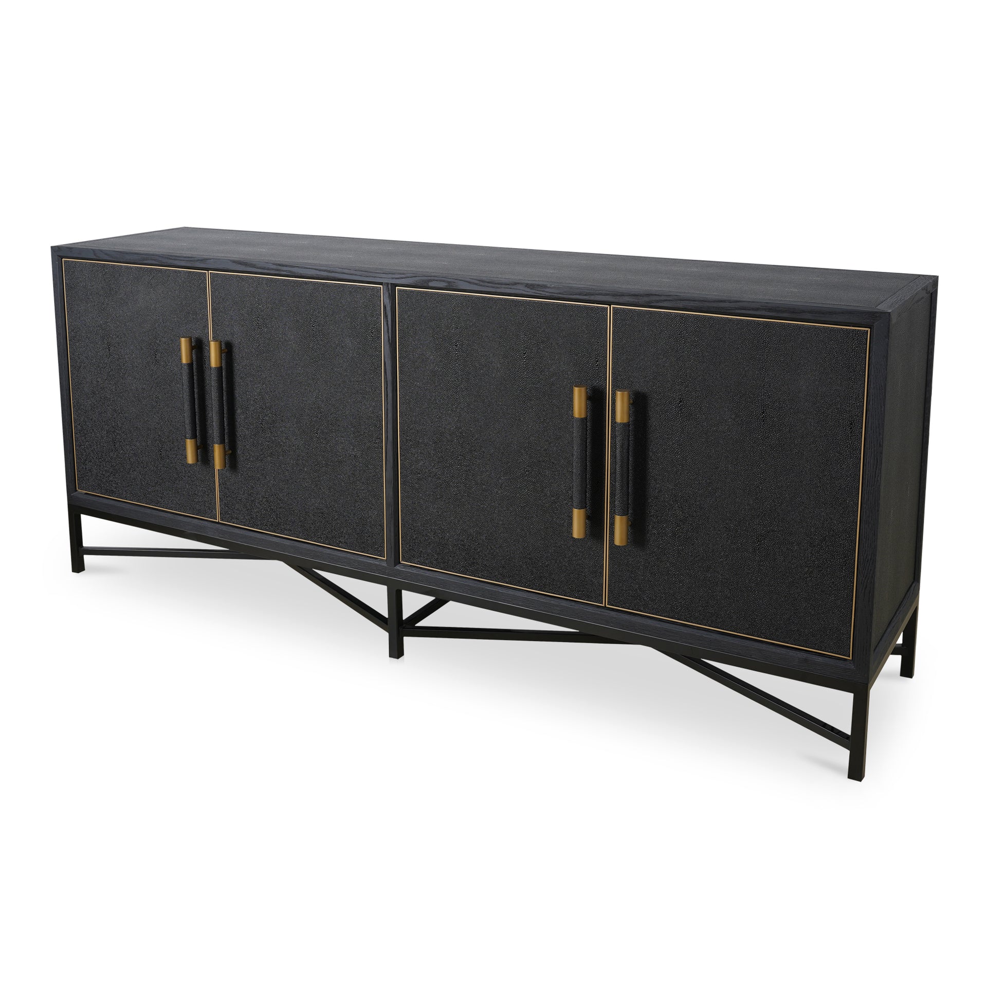 Vaughn Sideboard, Shagreen Patterned Vegan Leather with Brass Legs, Black