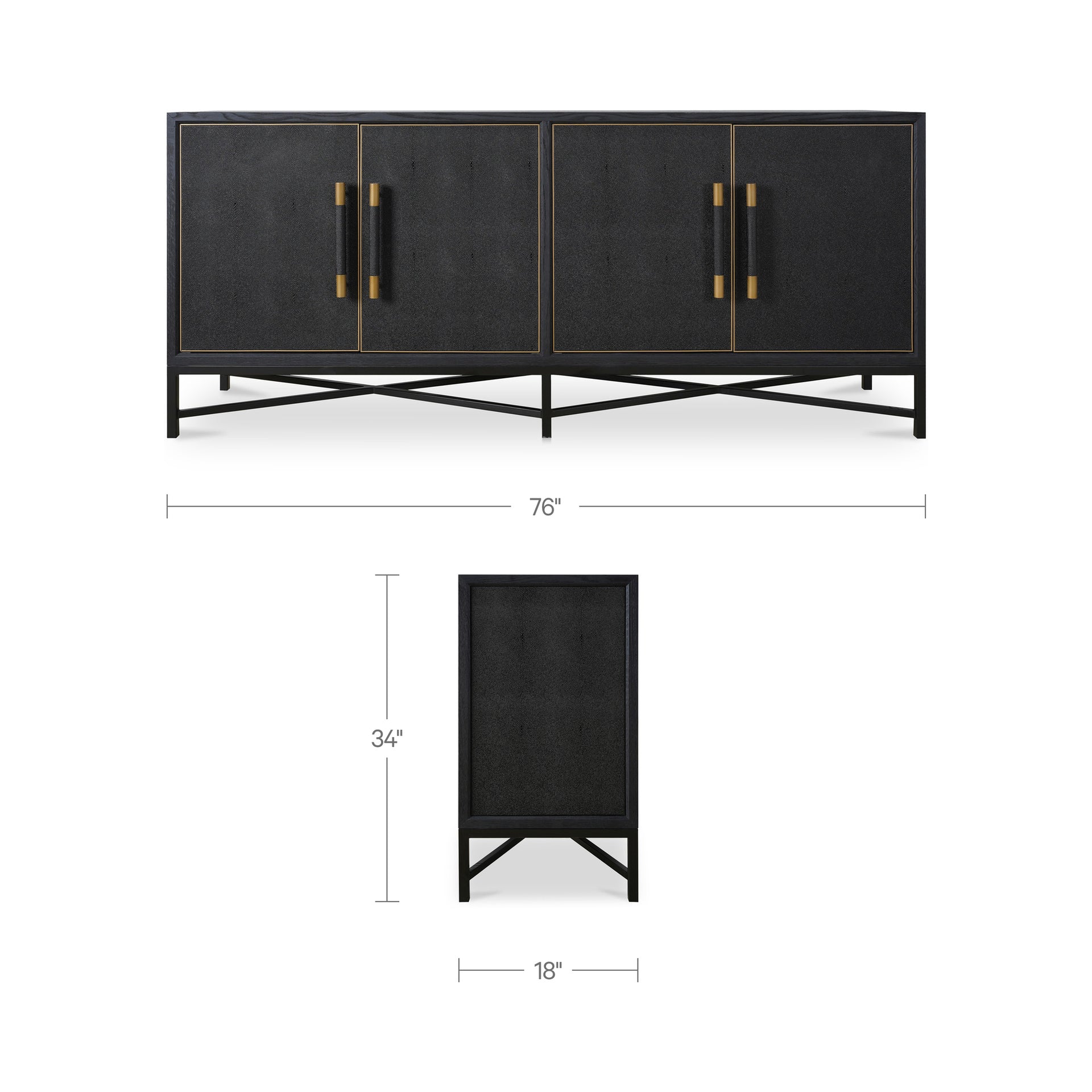 Vaughn Sideboard, Shagreen Patterned Vegan Leather with Brass Legs, Black