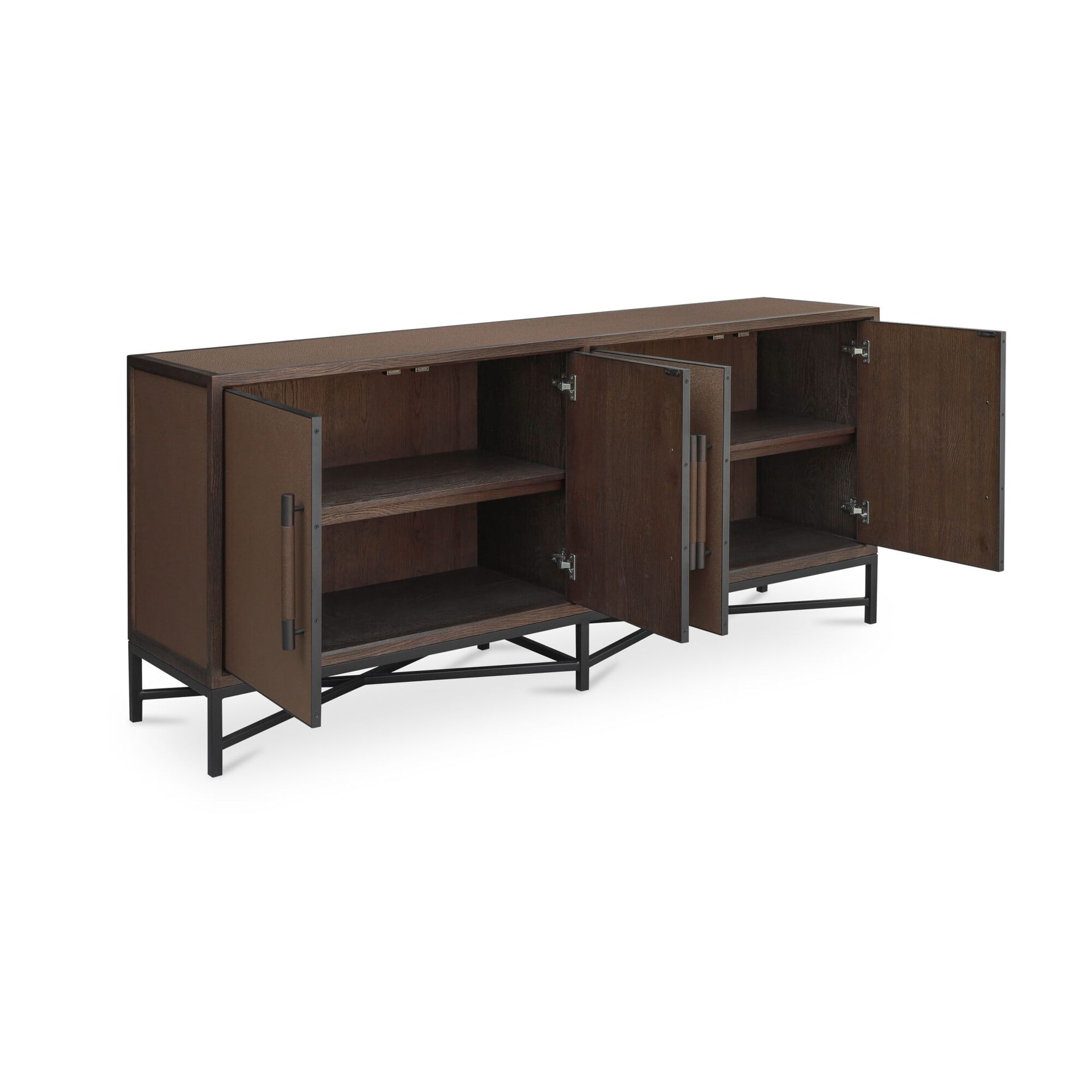 Vaughn Sideboard, Rectangular, Solid Oak Frame, Shagreen Vegan Leather, Brass Legs, Adjustable Shelves, Brown