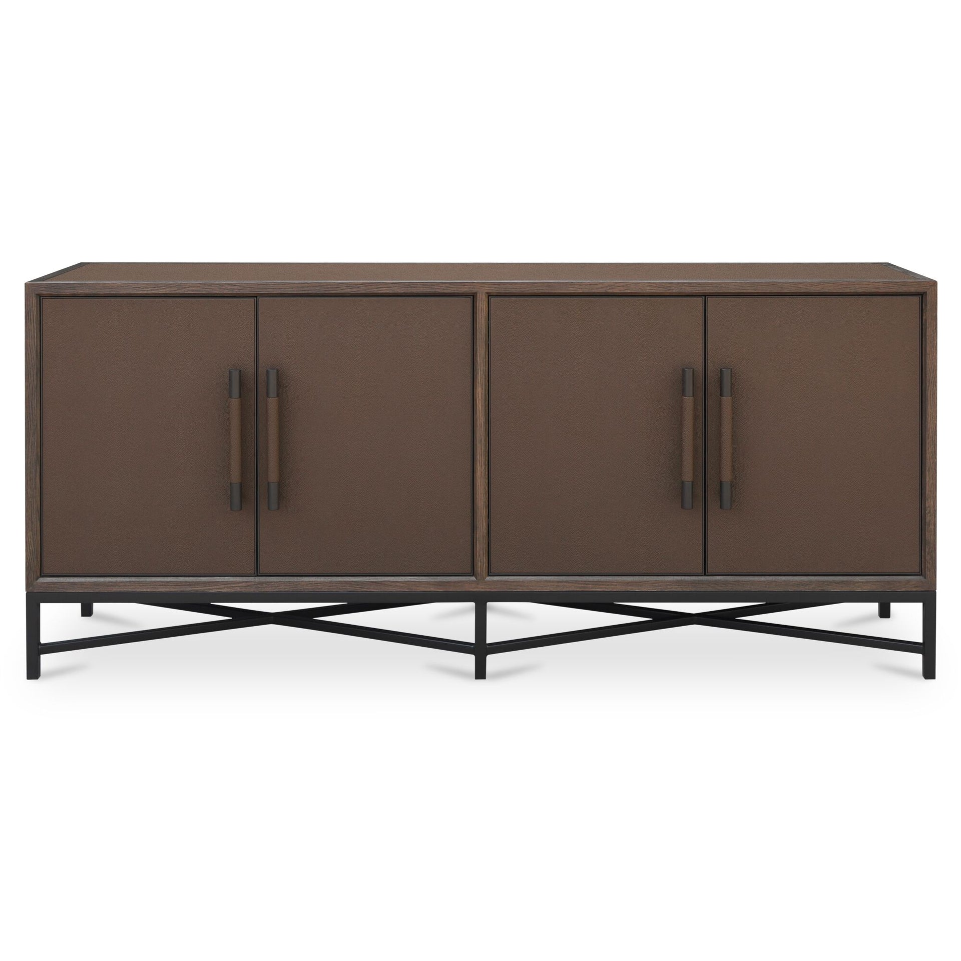 Vaughn Sideboard, Rectangular, Solid Oak Frame, Shagreen Vegan Leather, Brass Legs, Adjustable Shelves, Brown