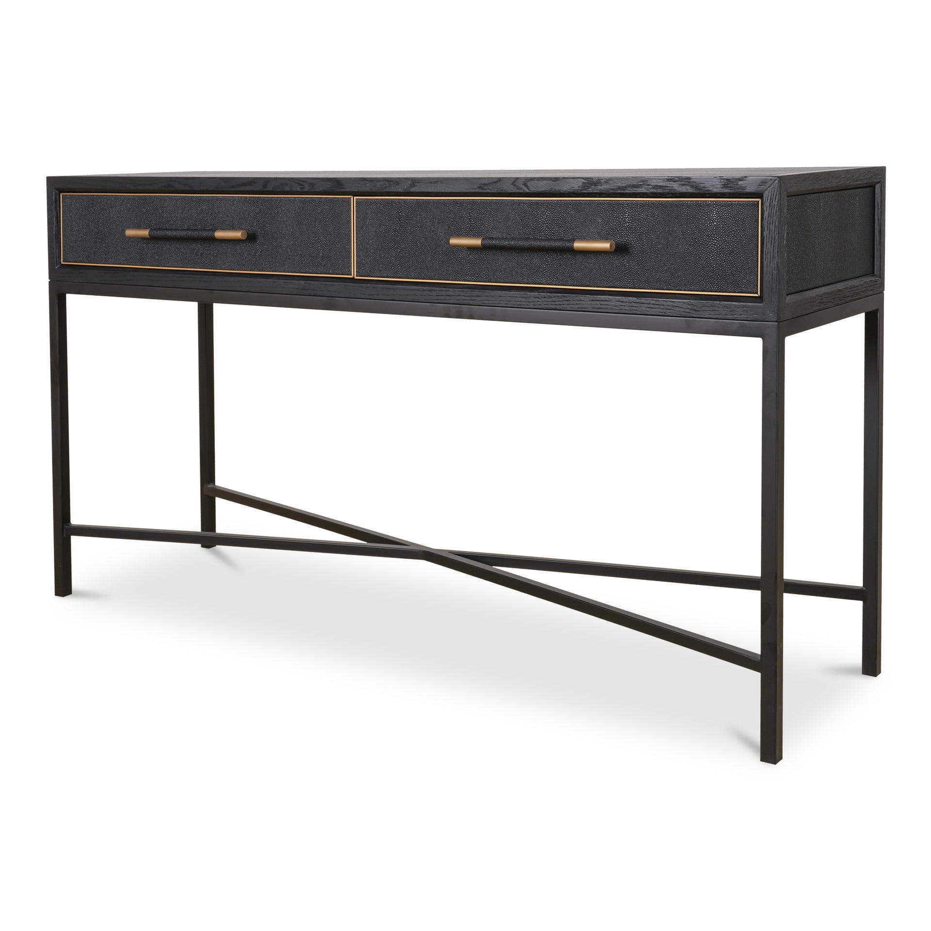 Vaughn Console Table, Solid Oak Frame, Vegan Shagreen Upholstery, Brass Detailing, Black Finish