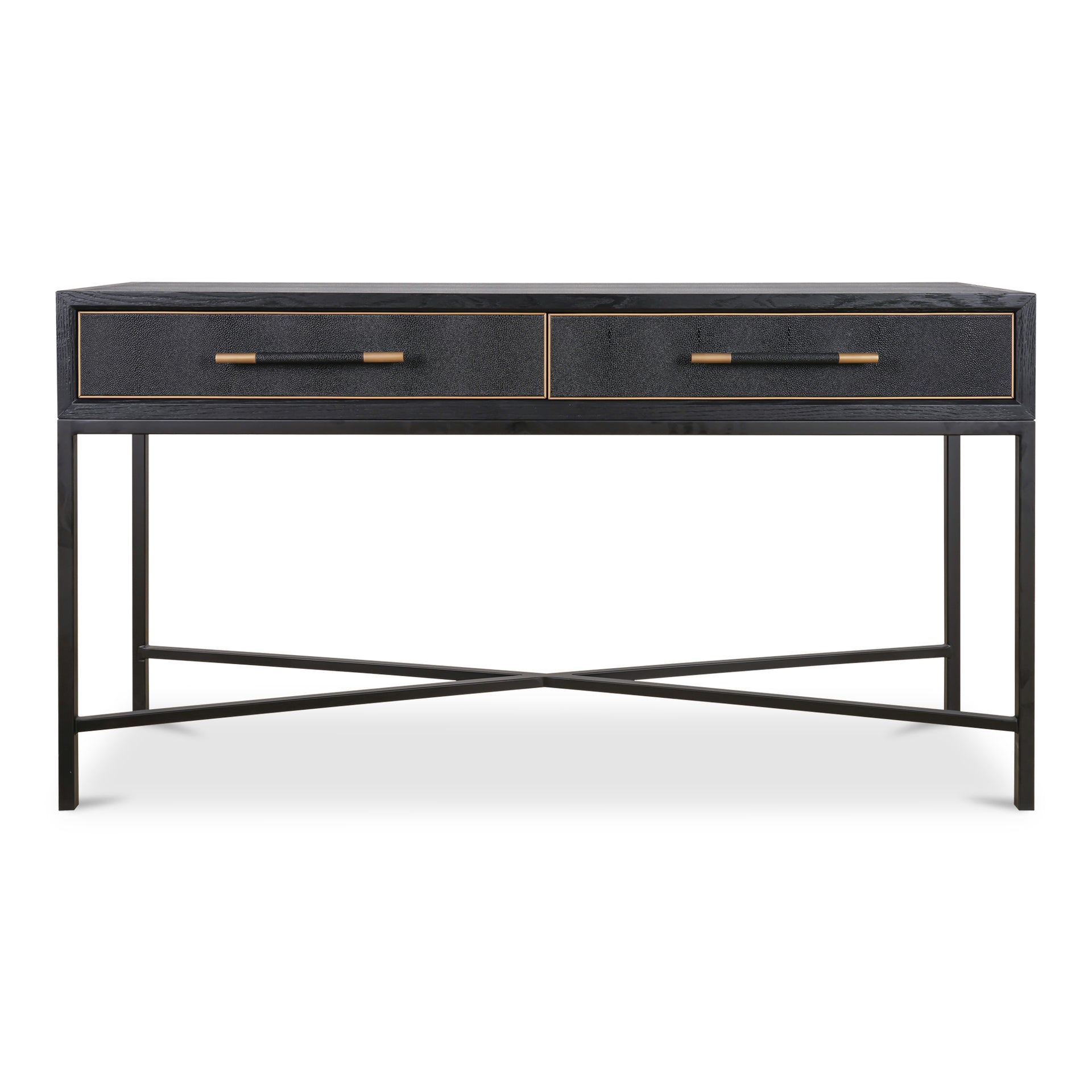 Vaughn Console Table, Solid Oak Frame, Vegan Shagreen Upholstery, Brass Detailing, Black Finish