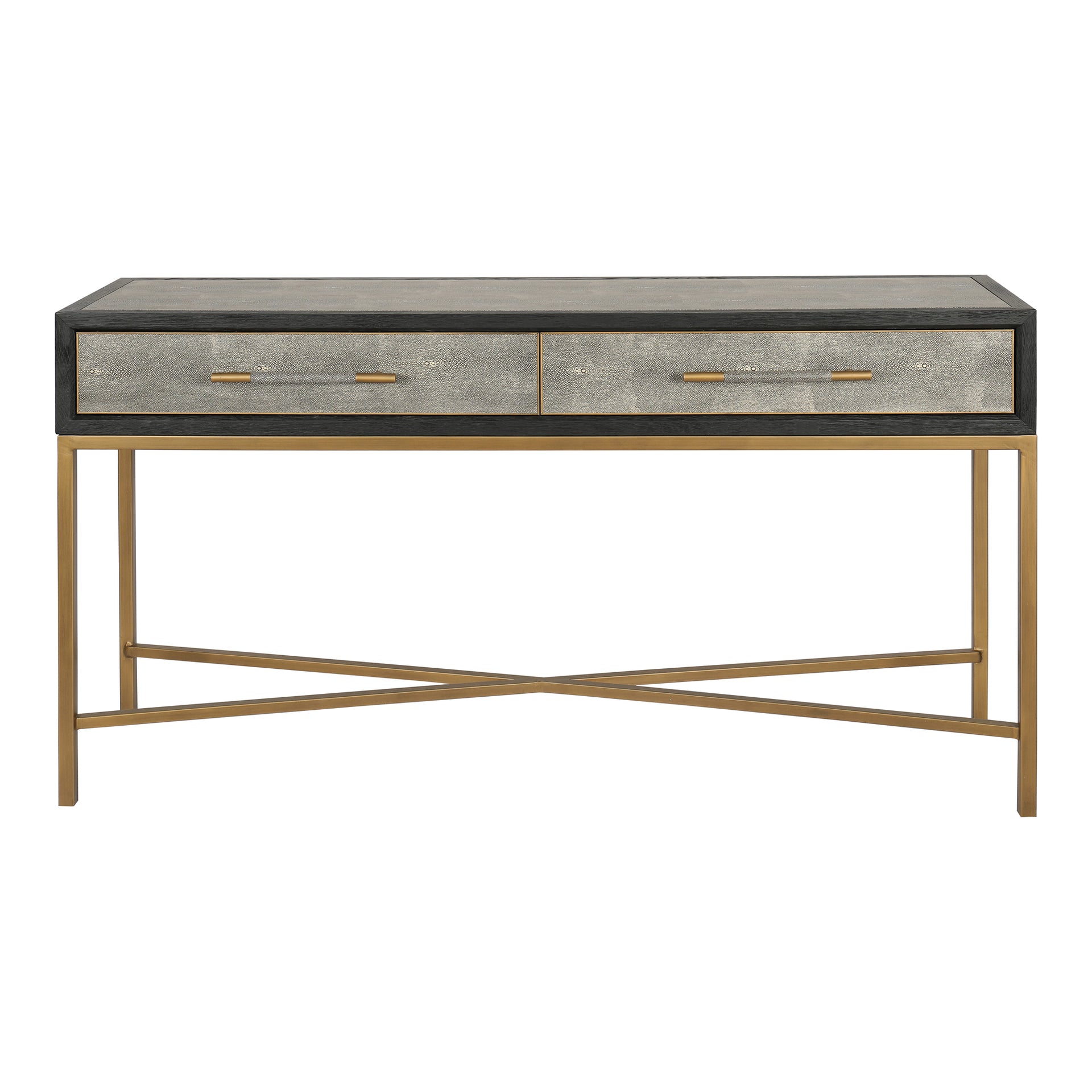 Vaughn, Console Table, Shagreen Patterned Polyurethane, Brass-Finished Legs, Solid Black Oak Frame, Grey
