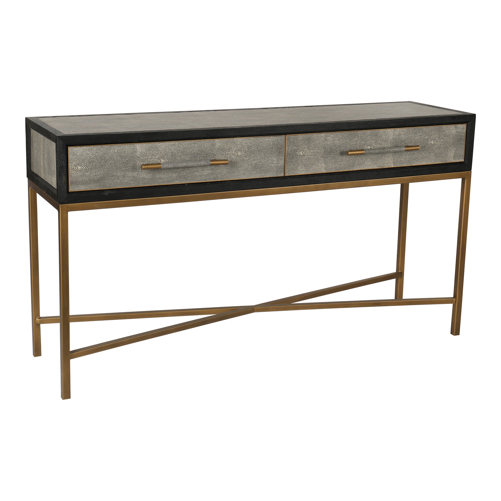 Vaughn, Console Table, Shagreen Patterned Polyurethane, Brass-Finished Legs, Solid Black Oak Frame, Grey