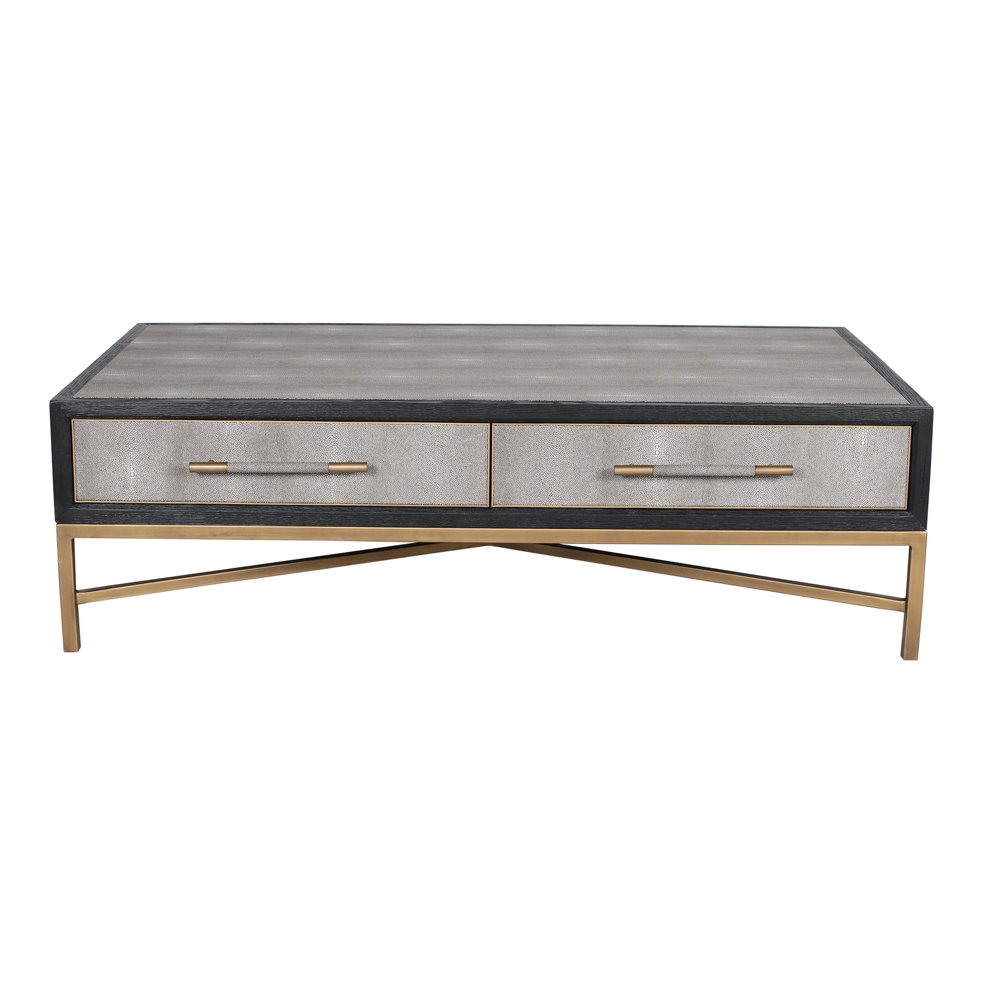 Vaughn Coffee Table, Rectangular Shagreen Patterned Polyurethane, Brass-Finished Legs, Grey