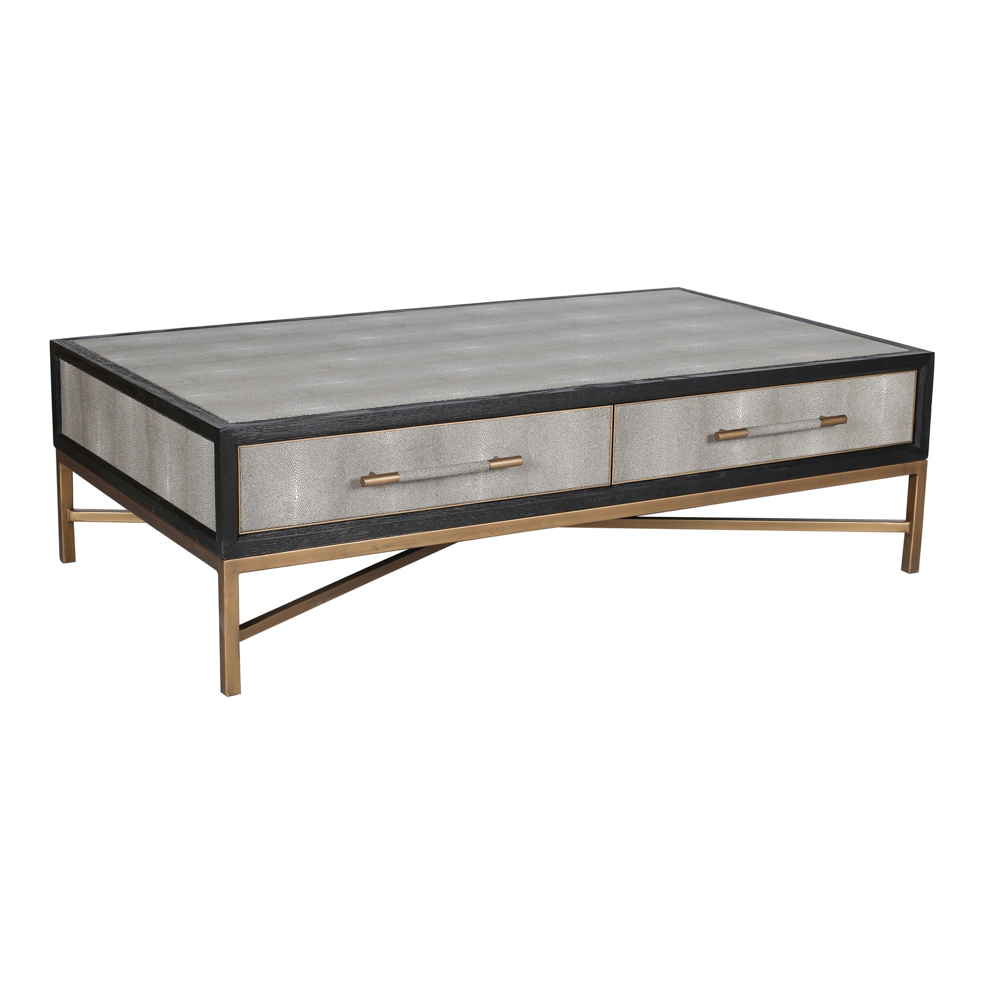 Vaughn Coffee Table, Rectangular Shagreen Patterned Polyurethane, Brass-Finished Legs, Grey
