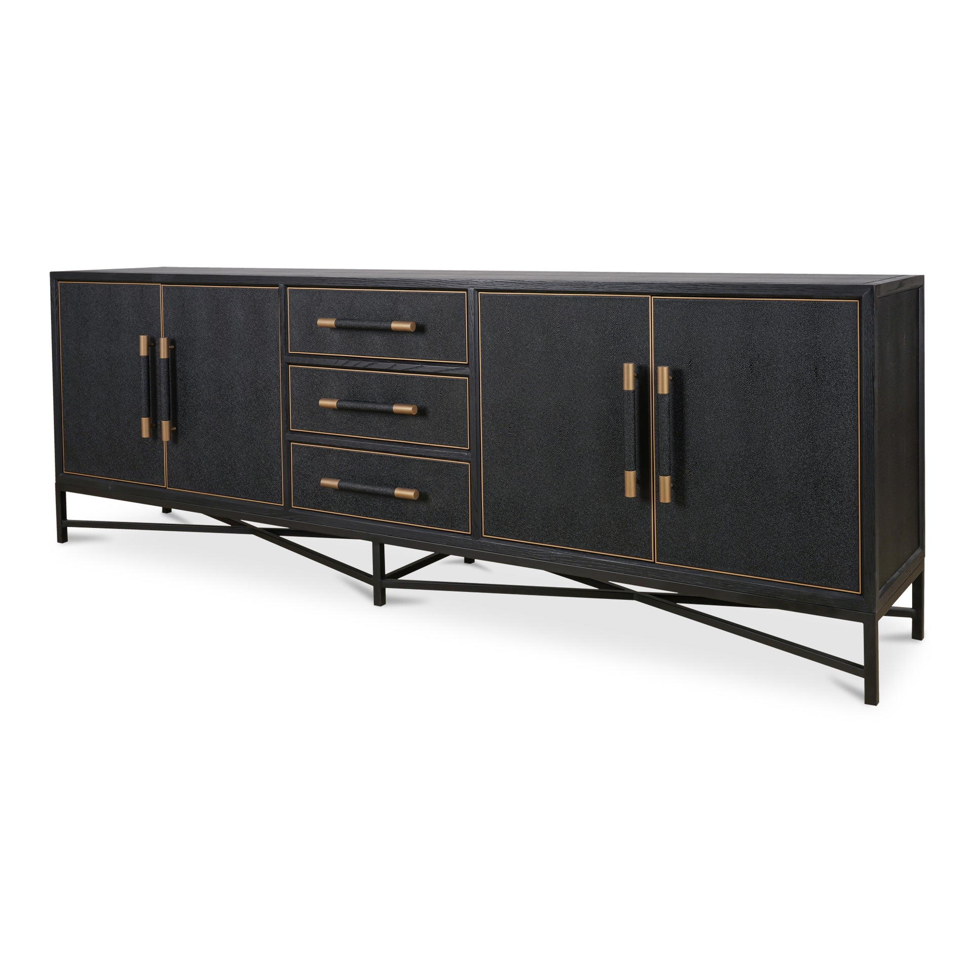 Vaughn Sideboard with Drawers, Shagreen Patterned Vegan Leather, Antique-Gold Finished Legs, Black