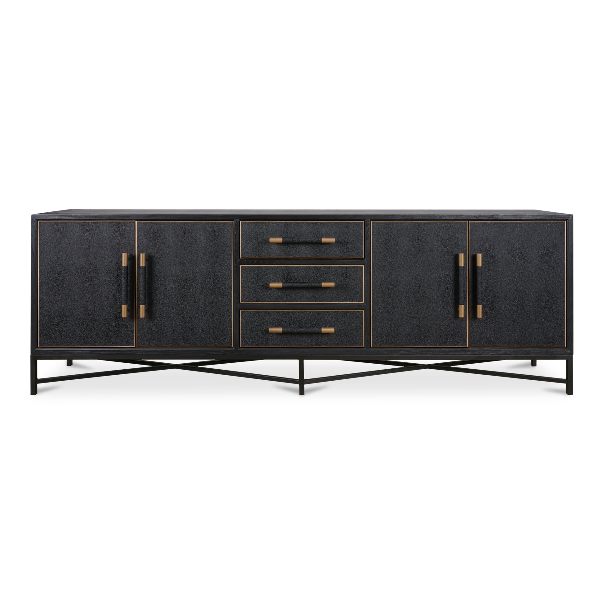 Vaughn Sideboard with Drawers, Shagreen Patterned Vegan Leather, Antique-Gold Finished Legs, Black