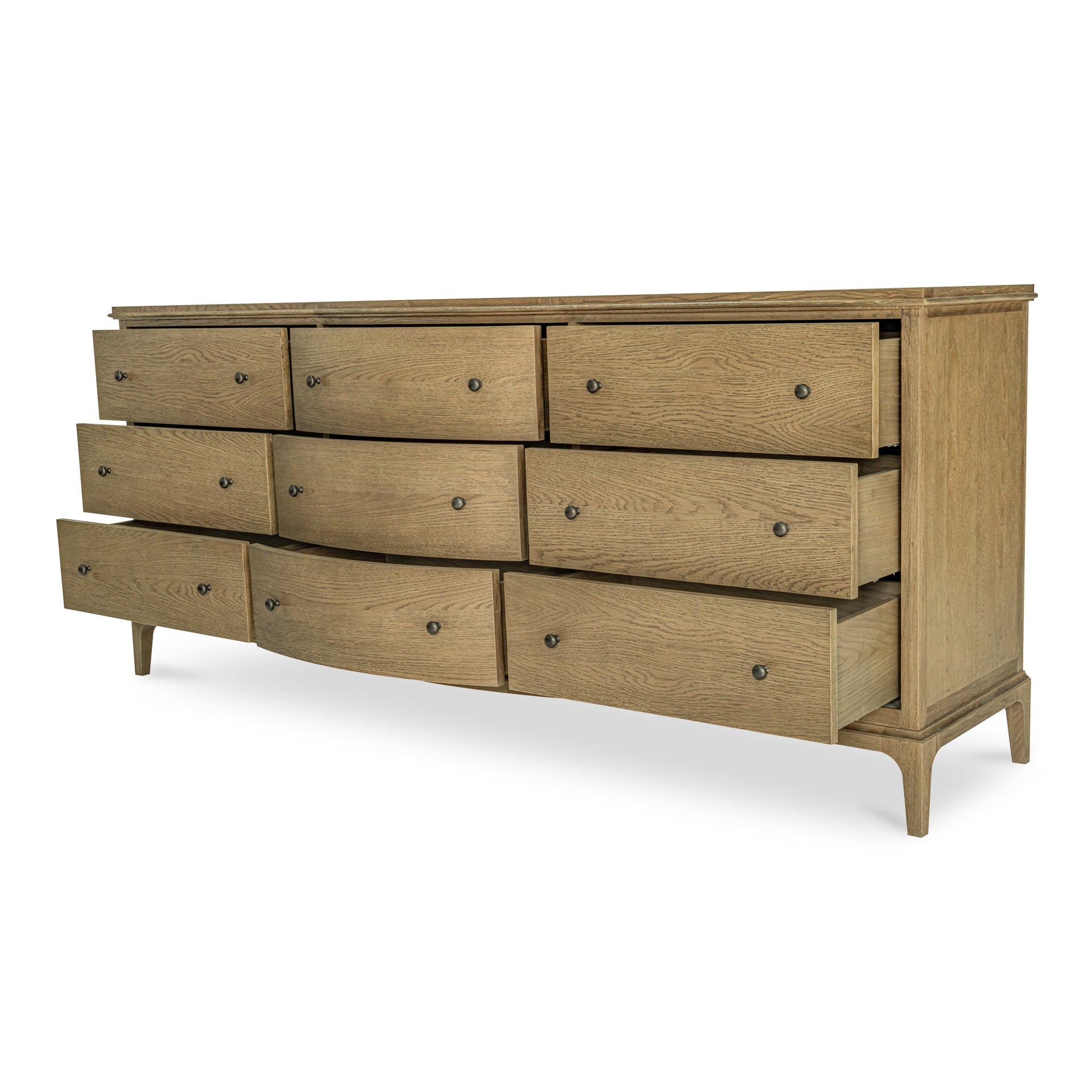 Maerin Dresser, 9 Drawer Oak Frame with Rounded Edge Overhang and Curved Drawer Detail, Wire Brushed Brown Finish