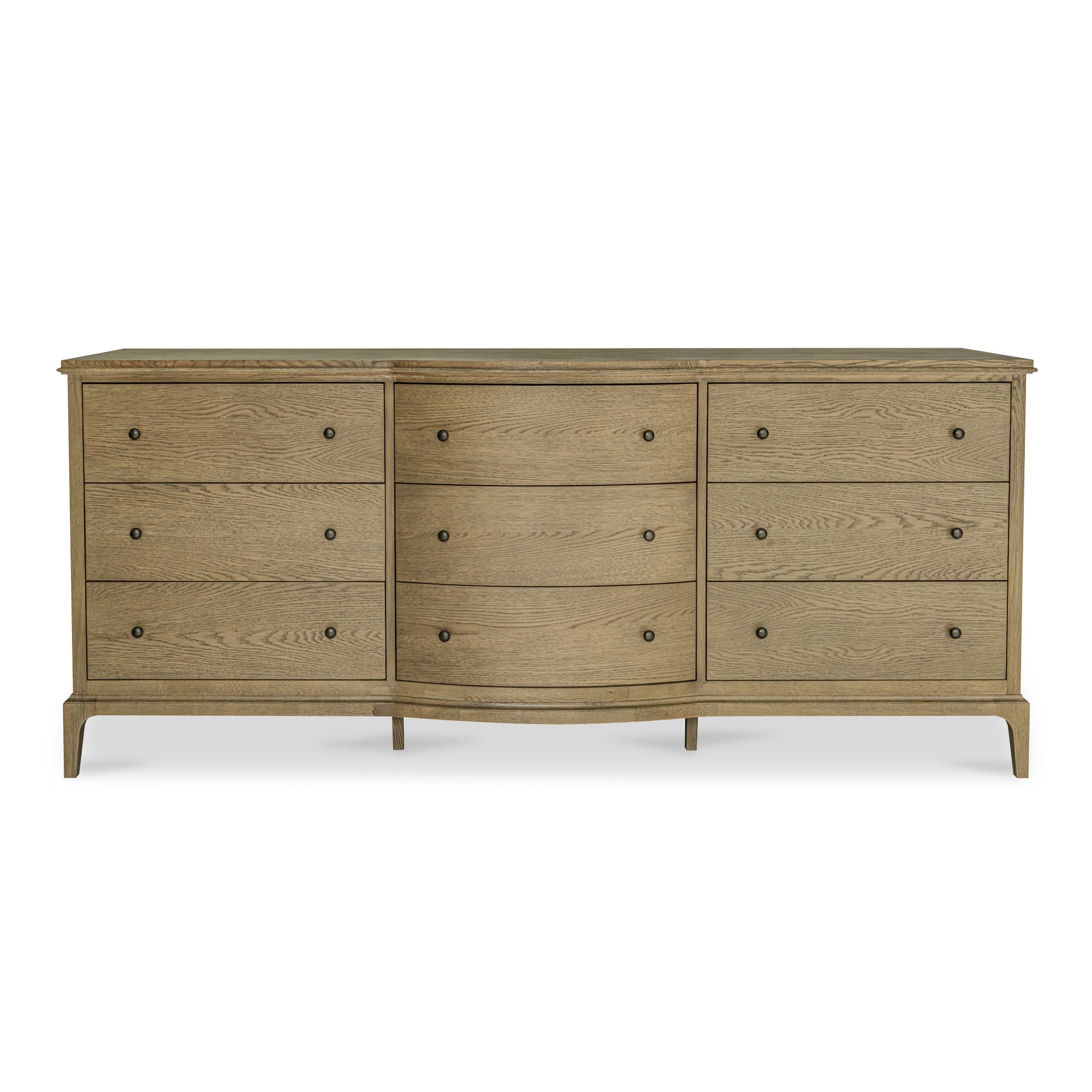 Maerin Dresser, 9 Drawer Oak Frame with Rounded Edge Overhang and Curved Drawer Detail, Wire Brushed Brown Finish