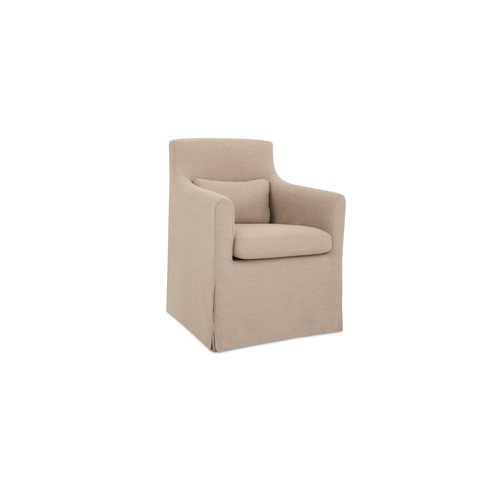 Azalea Outdoor Dining Chair, Curved Arms Tailored Slipcover, Recycled Solution-Dyed Polyester, Caster Wheels, Light Brown