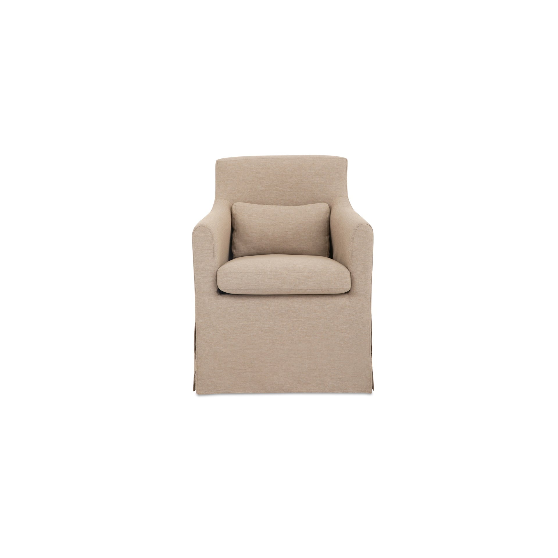 Azalea Outdoor Dining Chair, Curved Arms Tailored Slipcover, Recycled Solution-Dyed Polyester, Caster Wheels, Light Brown