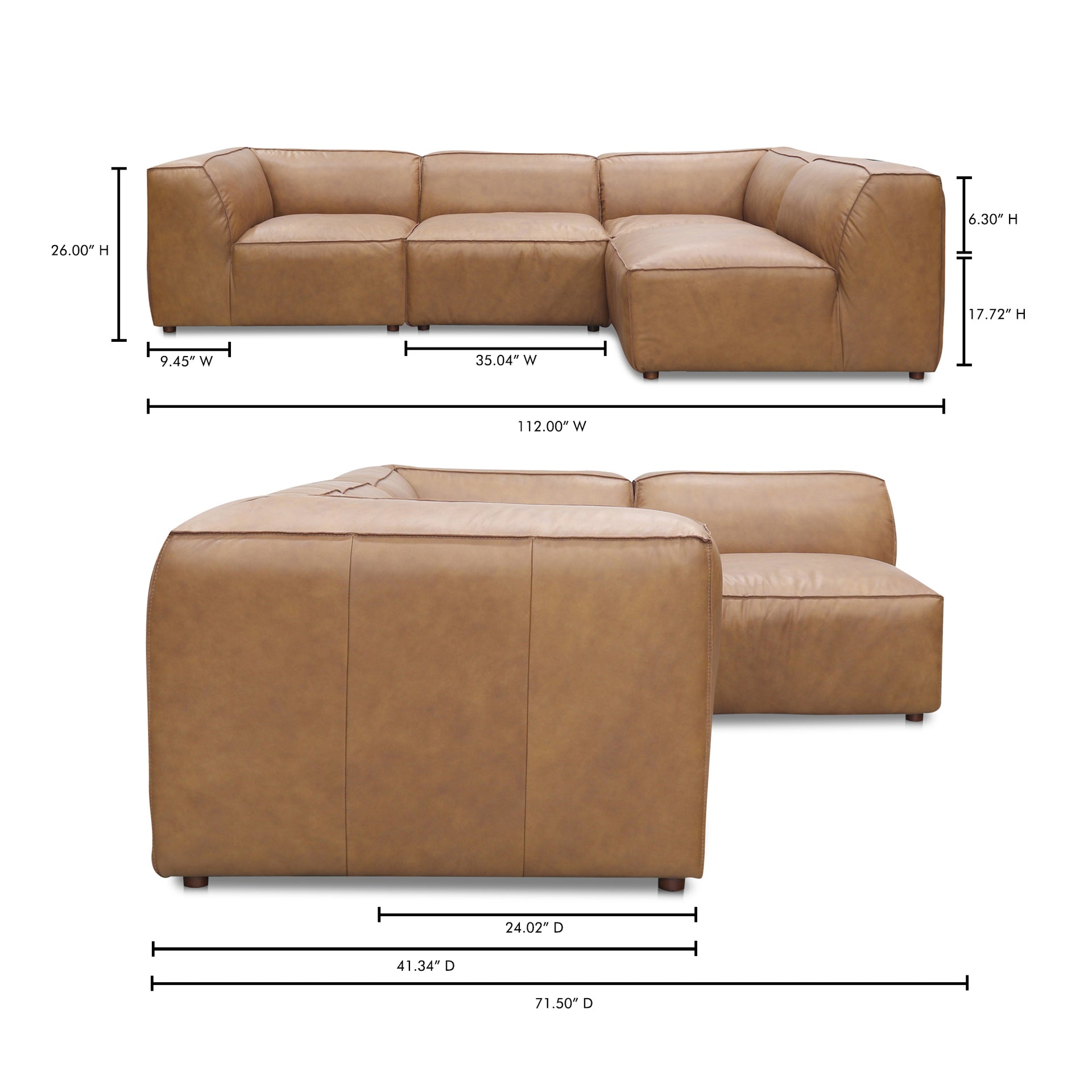 Ambrosia Signature, Scandinavian Modular Sectional, Full Top-Grain Leather Upholstery, 4 Seater, Tan