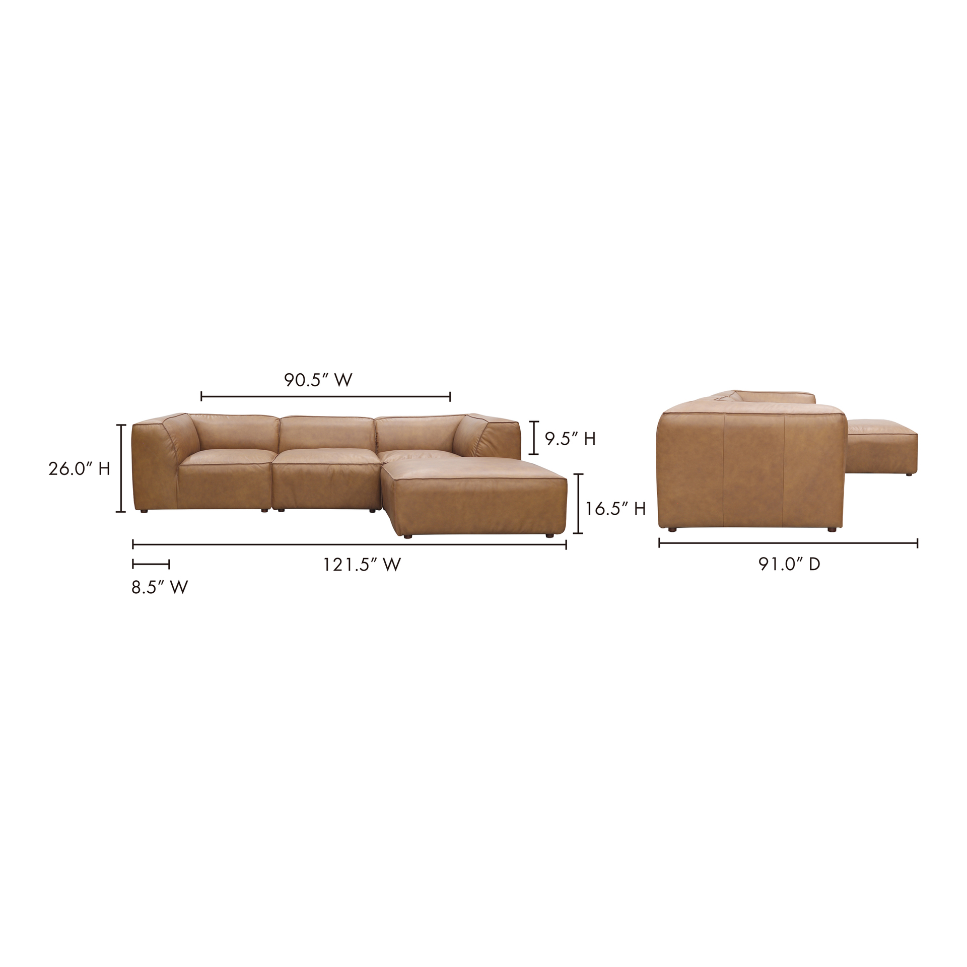 Ambrosia Lounge, Scandinavian Modular Sectional, Full Top-Grain Leather Upholstery, 4 Seater, Tan
